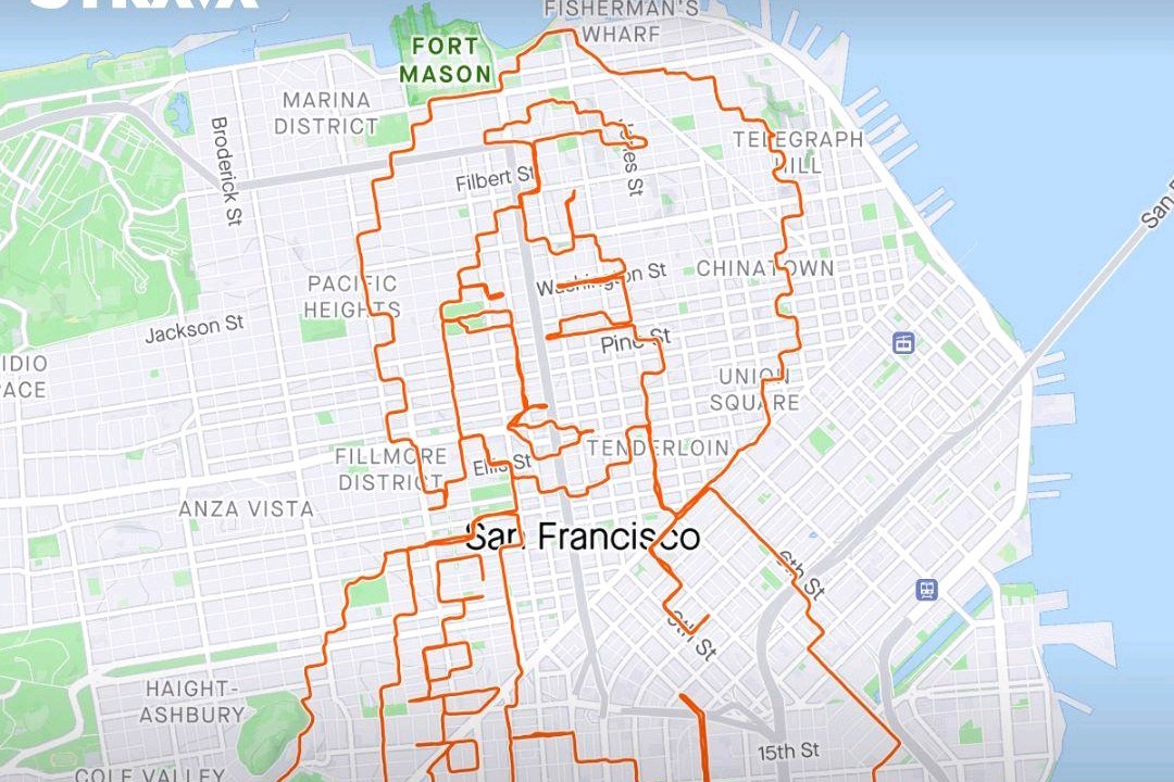 A Strava map of San Francisco shows a complex orange route forming a cat's face. It's a 46.6-mile run with a 5,453 ft elevation gain, completed in 8 hours.