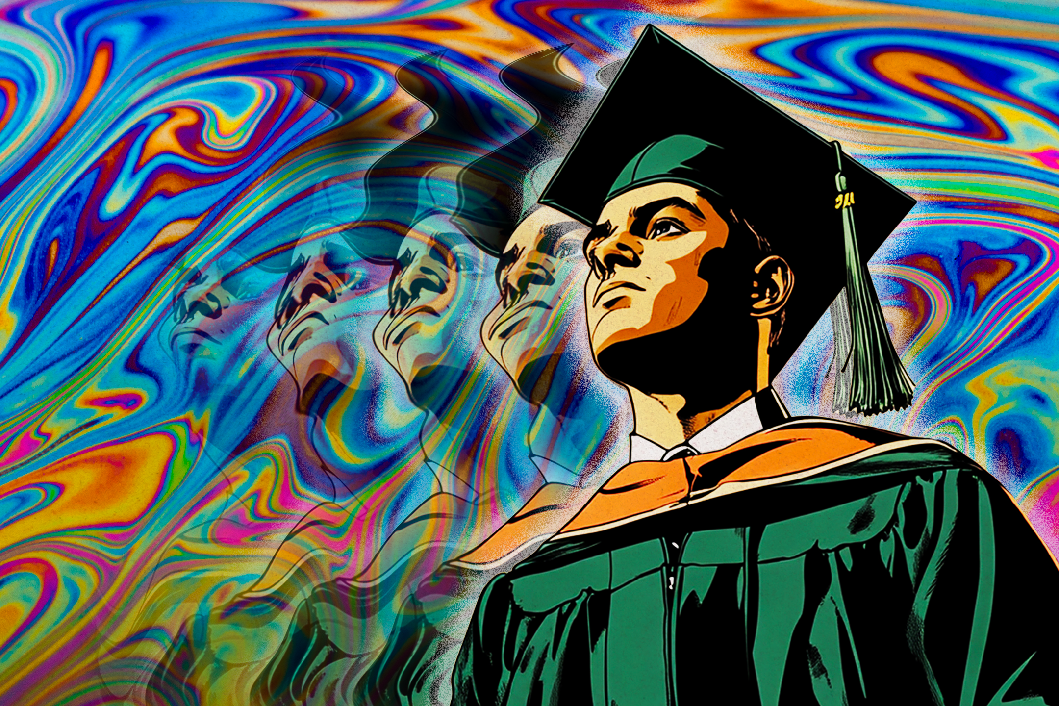 A person in a graduation cap and gown is depicted in a pop art style, with a vibrant, swirling background of psychedelic colors and repeating shaded silhouettes.