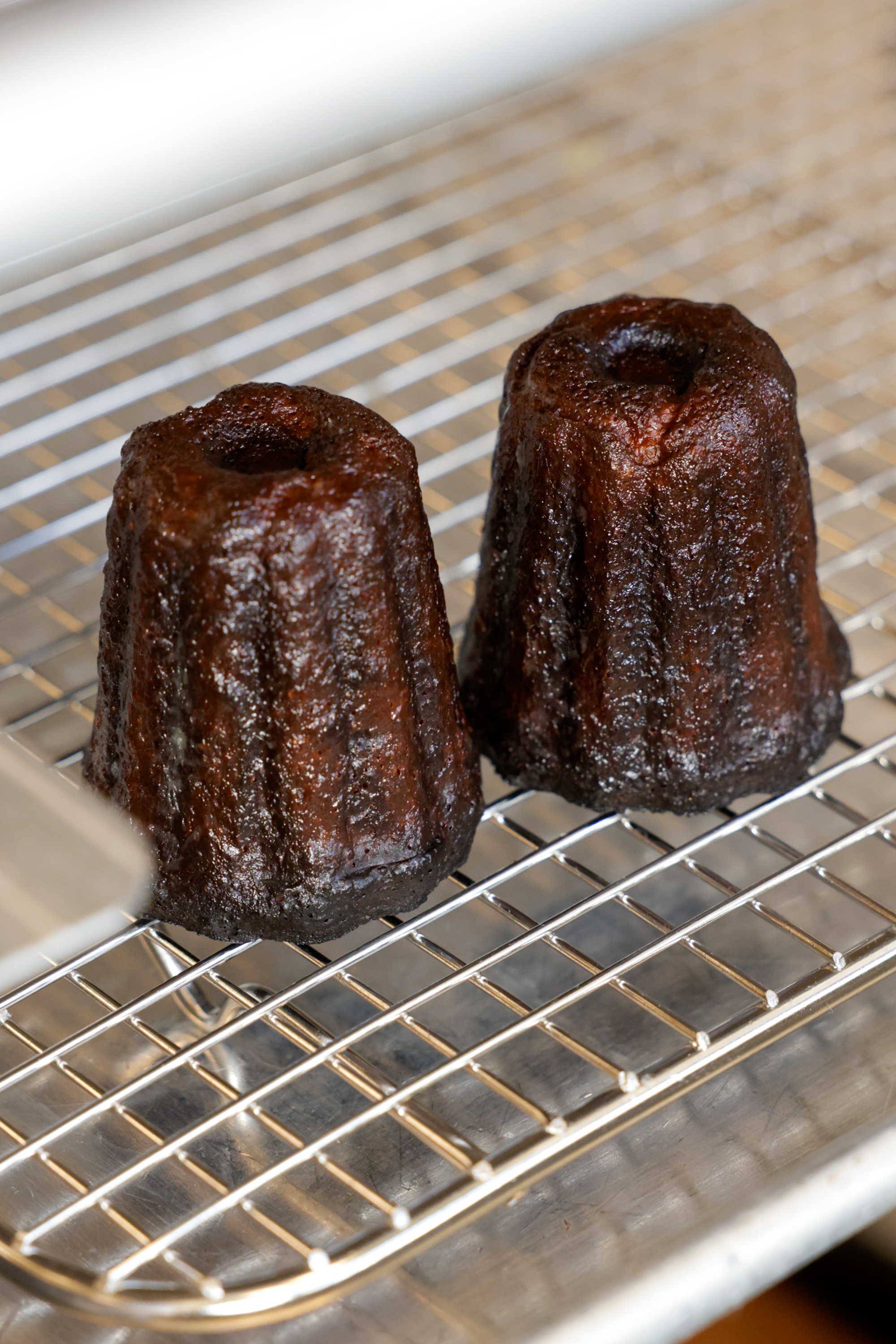 Two dark brown, ridged pastries sit on a cooling rack. They are small, cylindrical, and have a caramelized crust.