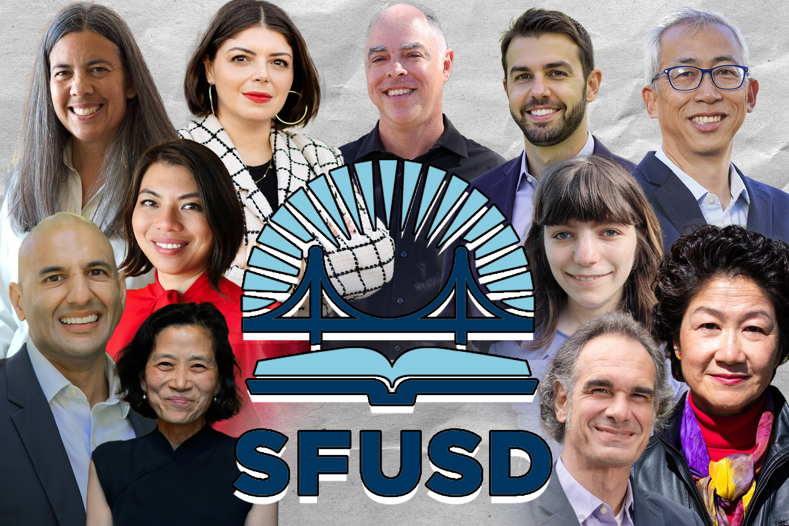 This image features a collage of diverse individuals' portraits surrounding a stylized graphic of a bridge and an open book with the letters "SFUSD" beneath it.