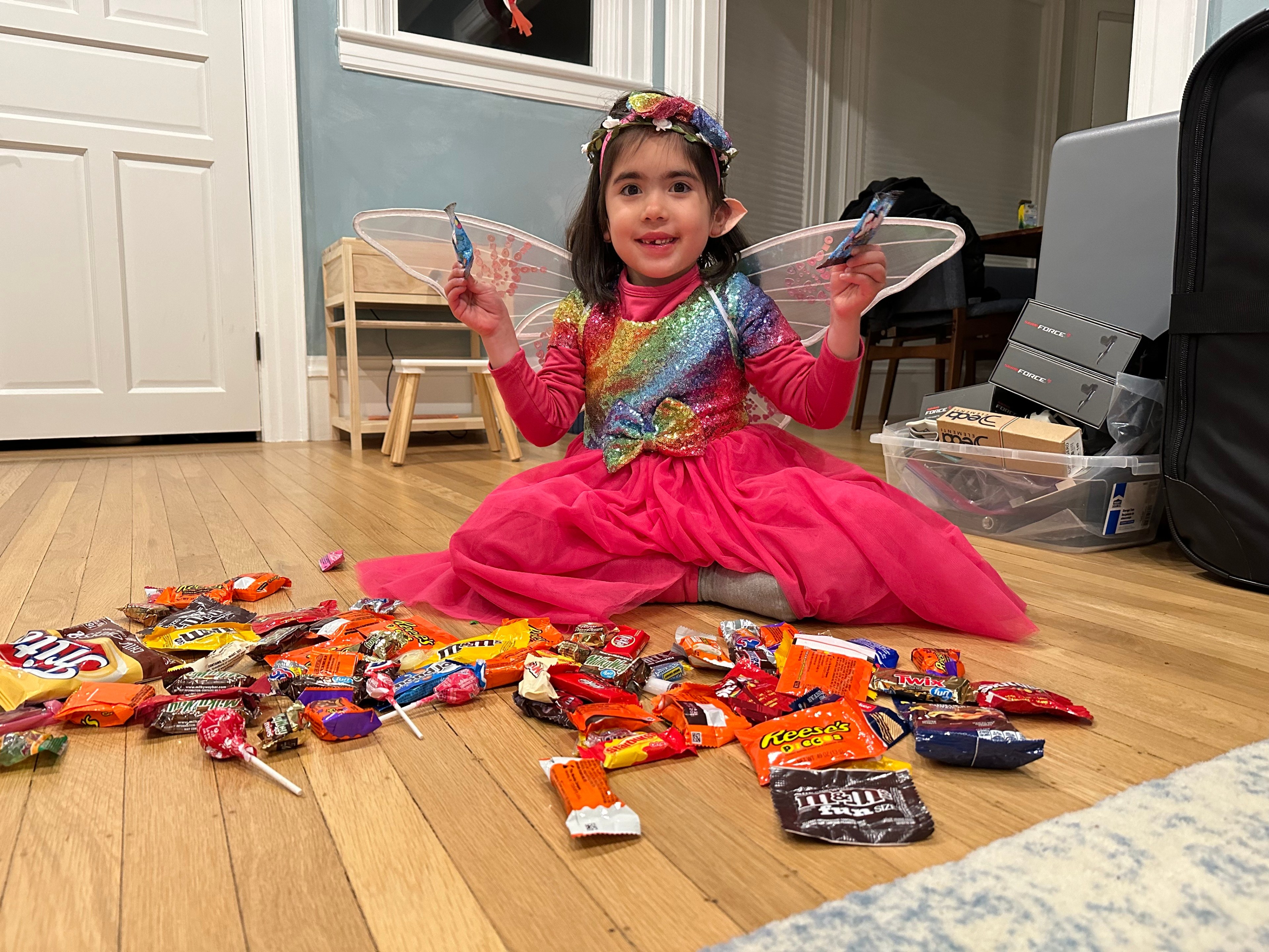 A kid in a pink dress with a rainbow-sequined shirt, fairy wings, and a flower crown holds a piece of candy in each hand. She sits on the floor with a spread of candy on the ground in front of her.