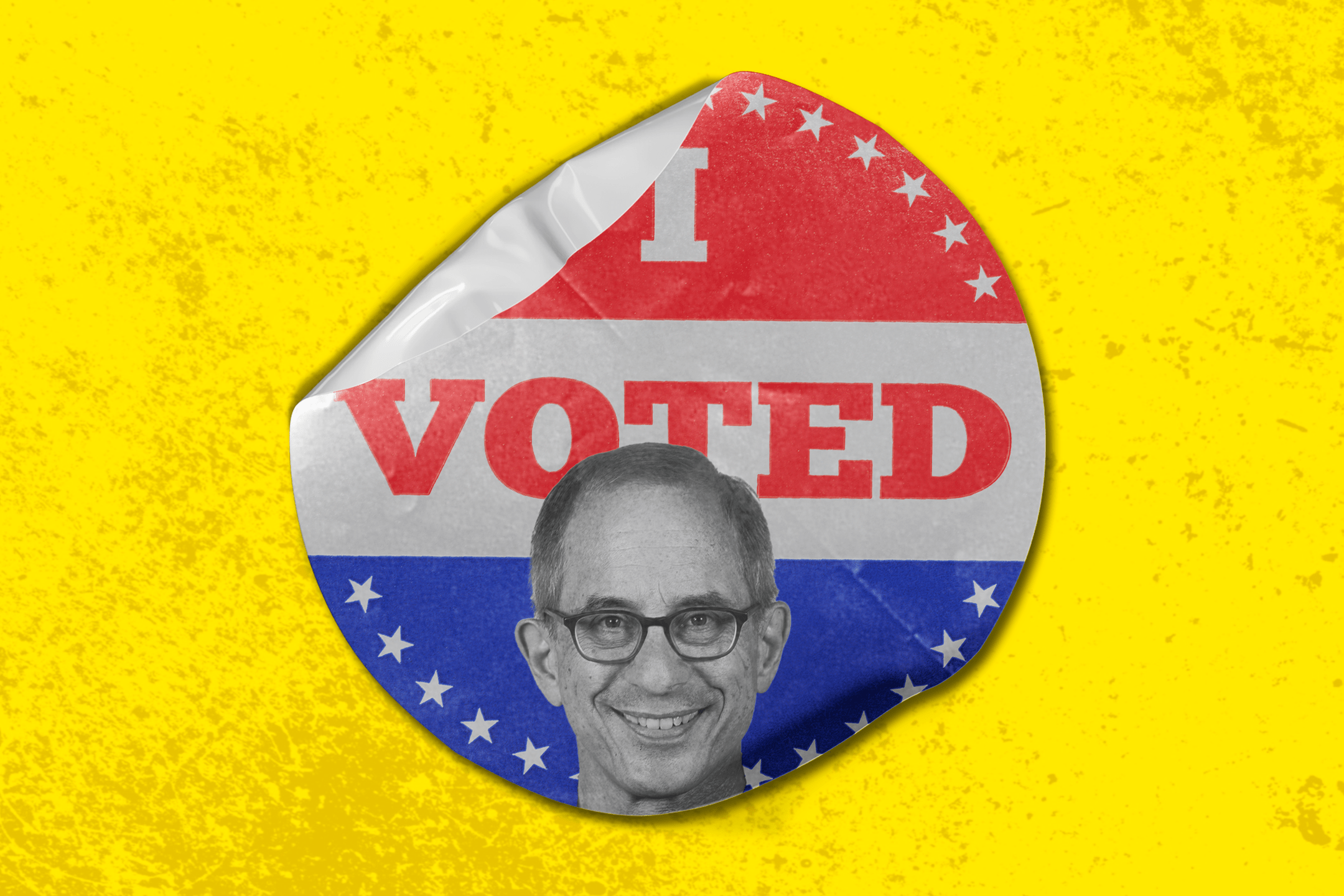 A round sticker with "I VOTED" in red, set against a patriotic red, white, and blue background with stars. A smiling man's grayscale face is at the bottom.