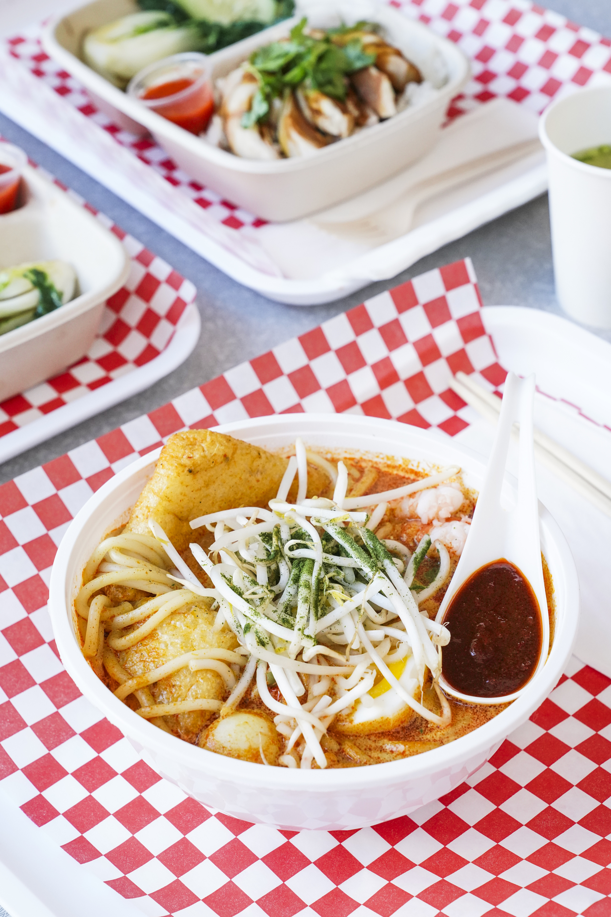 A bowl of noodle soup with tofu, bean sprouts, and chili paste is on a red checkered tray. Behind it are dishes of vegetables and sliced meat with sauce.