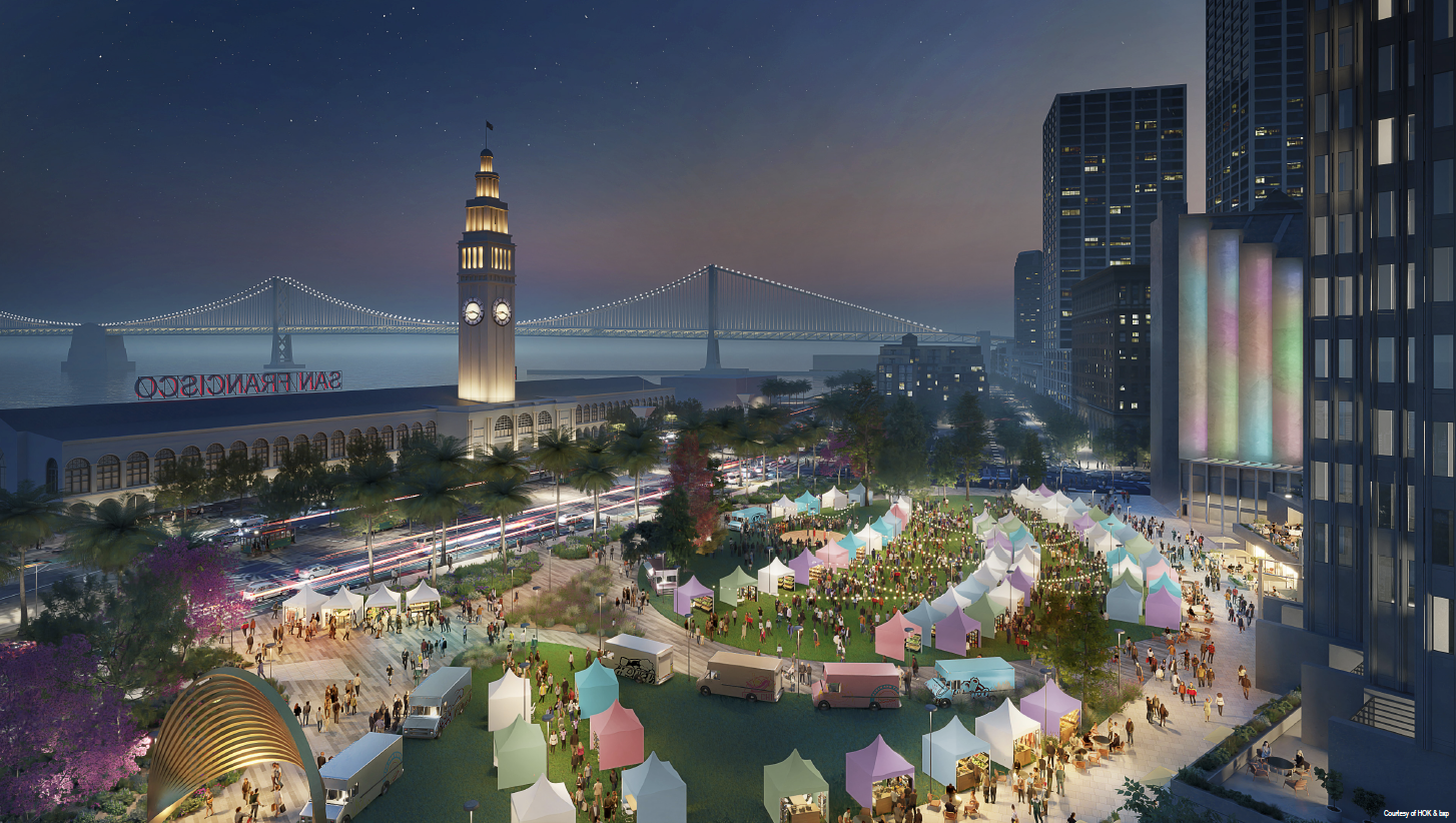 The image shows a vibrant night market with colorful tents and bustling crowds, set against a cityscape featuring a lit-up clock tower and a glowing bridge in the background.