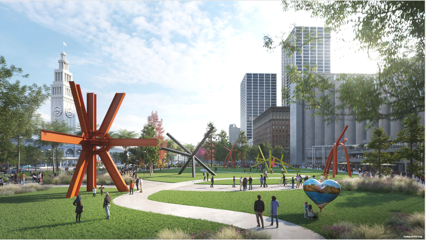 The image shows a park with people walking and large abstract orange sculptures. A clock tower is visible in the background, surrounded by modern buildings.