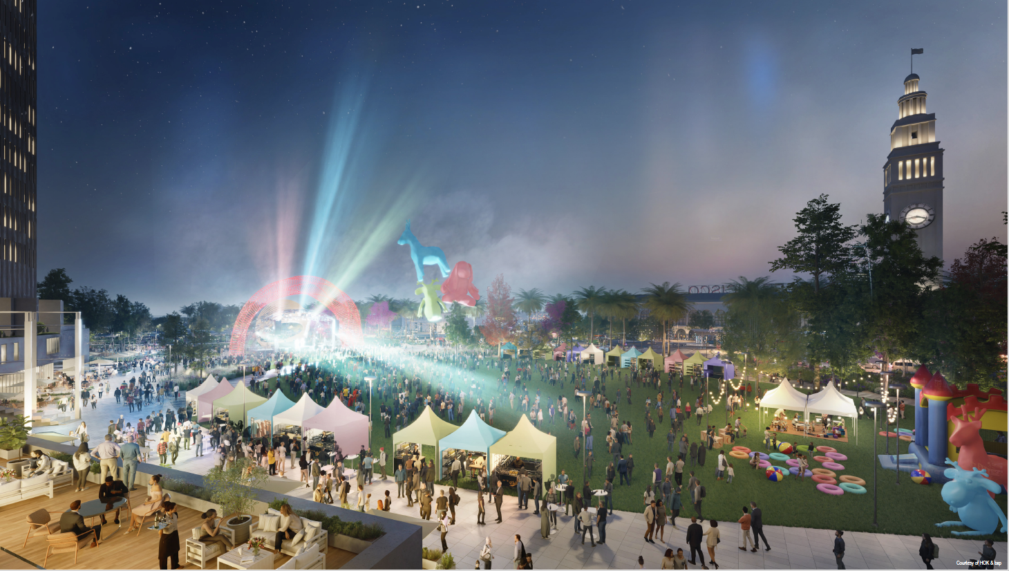 A lively nighttime festival with glowing tents, a crowd, and colorful lights. A clock tower looms nearby, and illuminated balloons decorate the sky.