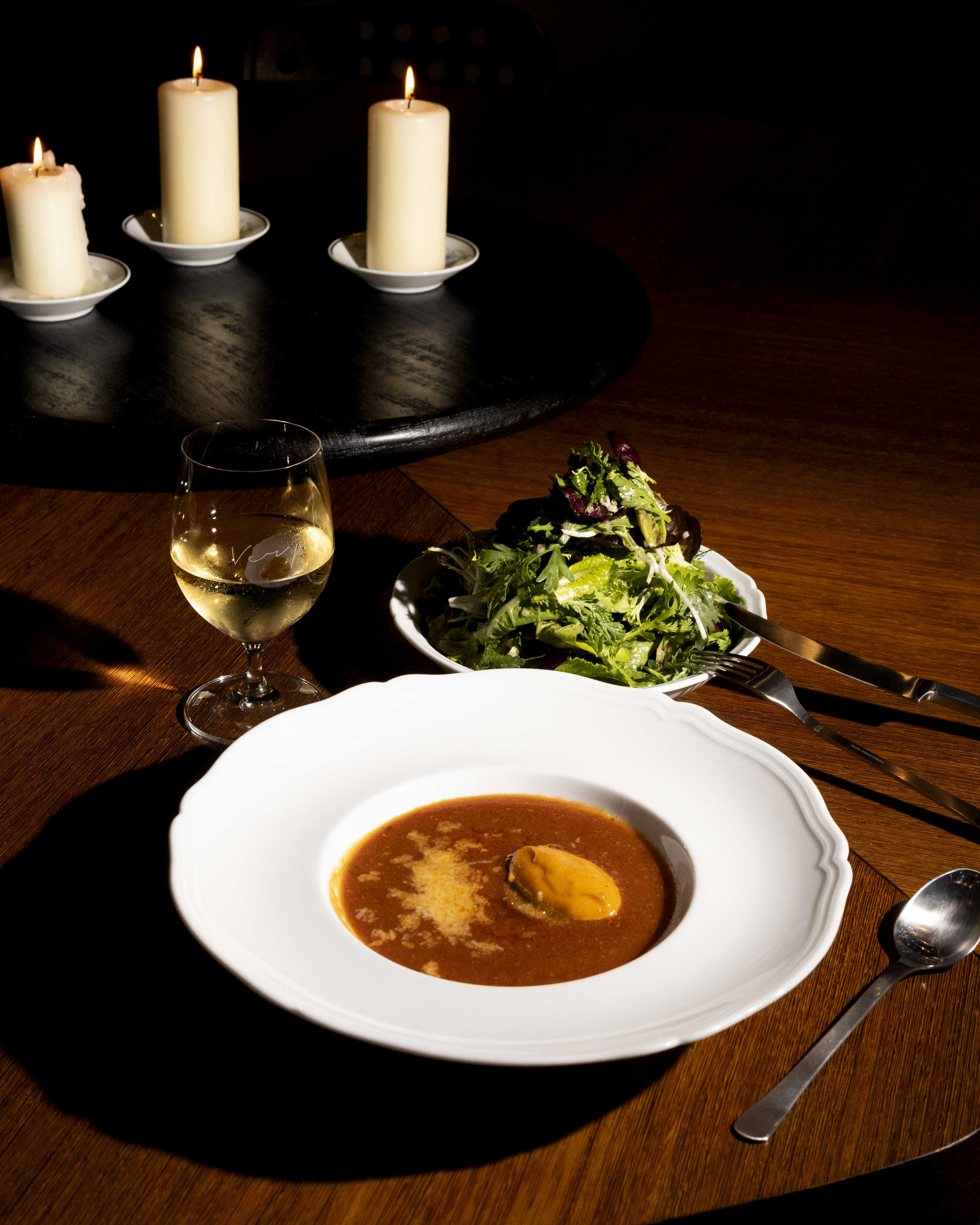 Fish soup and green salad.