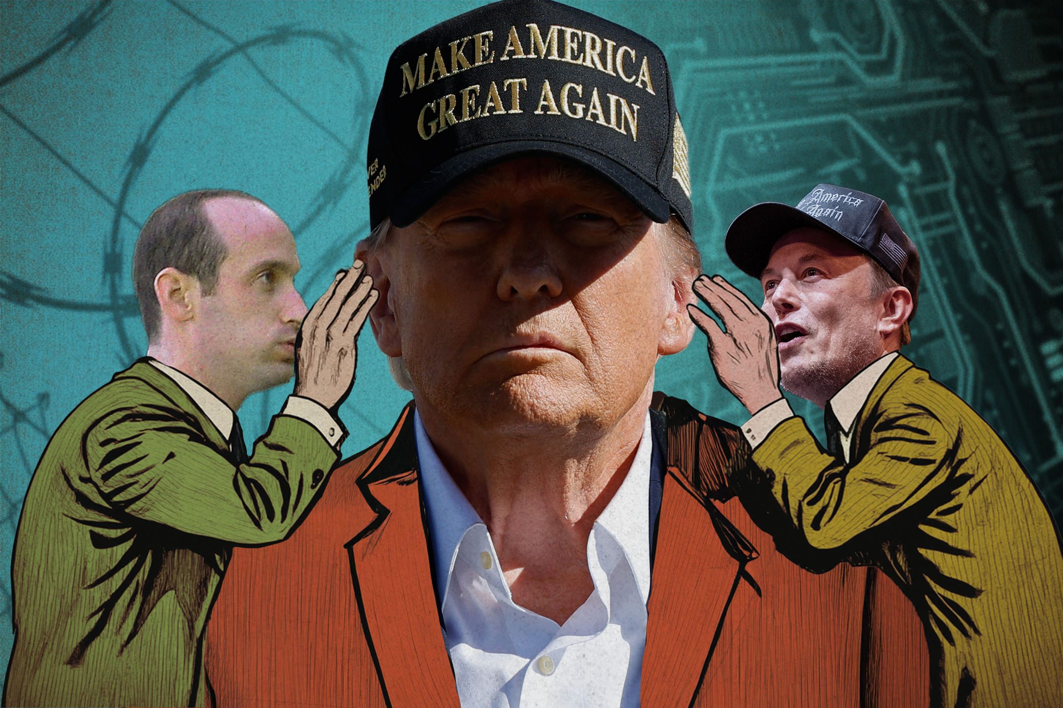 A central figure in a "Make America Great Again" hat stands between two men whispering in cartoon style, set against a teal background with abstract patterns.