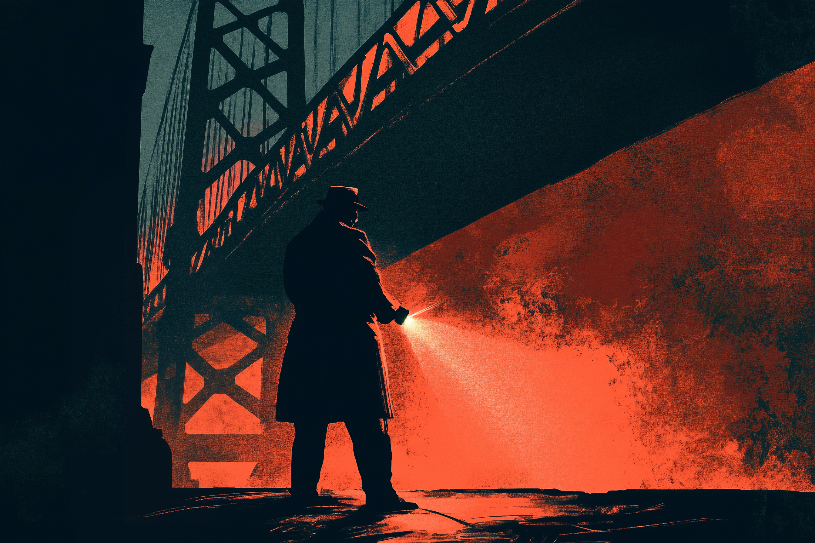 Silhouette of a person in a trench coat and hat holding a flashlight under a large bridge with a dramatic red and black sky background.