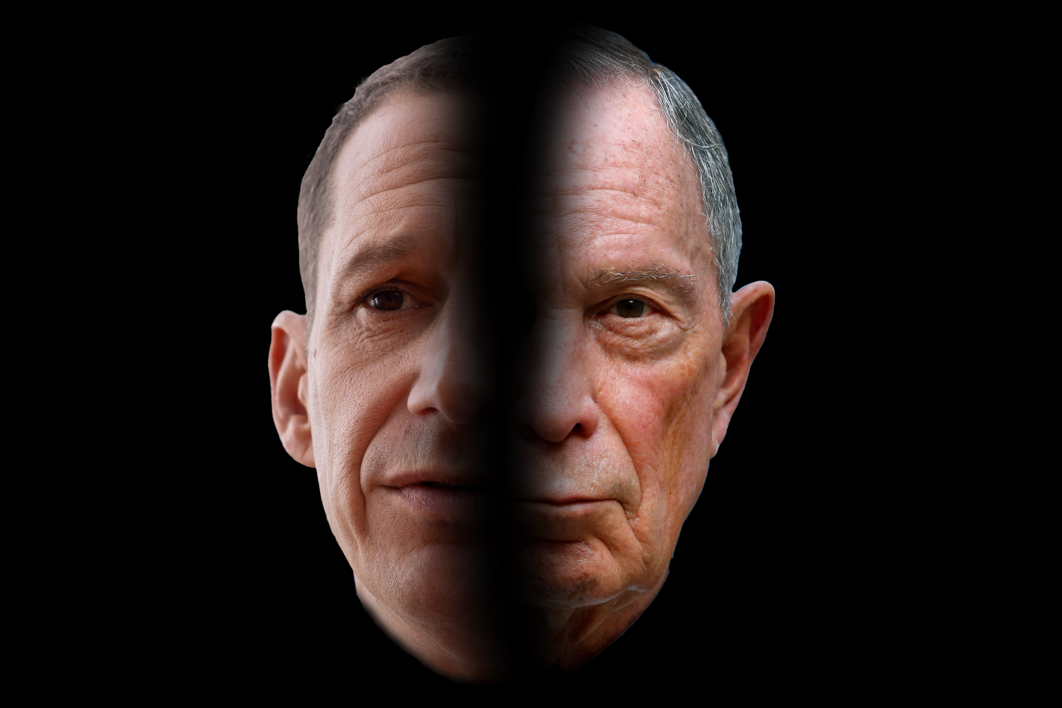 The image shows a face split in half against a black background, combining features of two different men, one younger and the other older, each with distinct expressions.