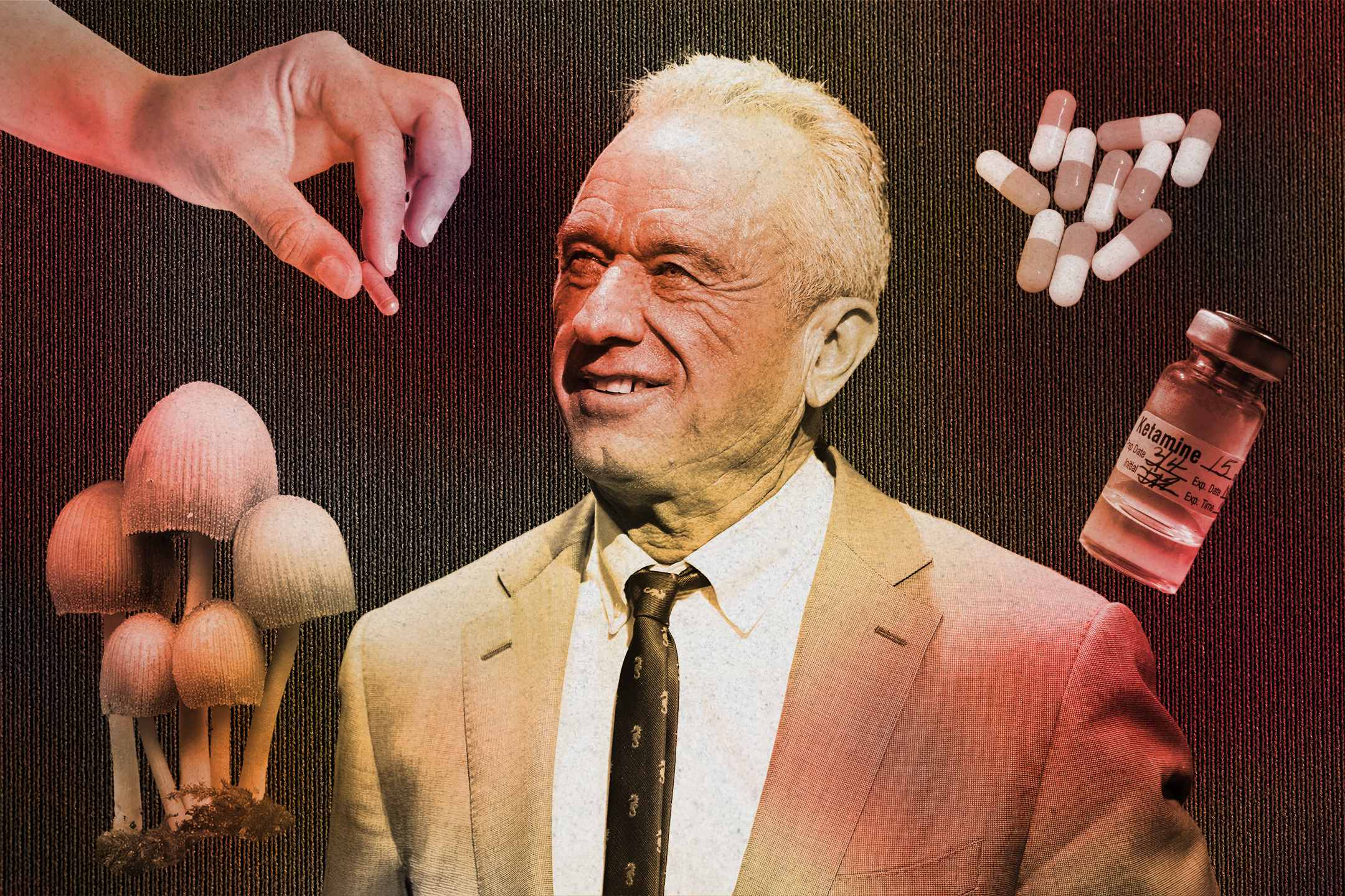 A man in a suit is surrounded by imagery of mushrooms, a hand holding a pill, capsules, and a vial labeled with text.