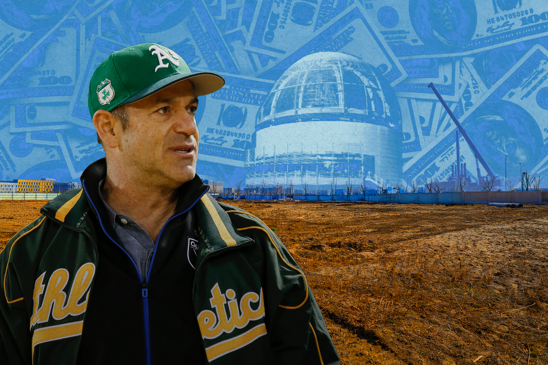 A man in a green baseball cap and jacket stands on a barren field. A dome-like structure and dollar bills are faintly visible in the blue-toned background.