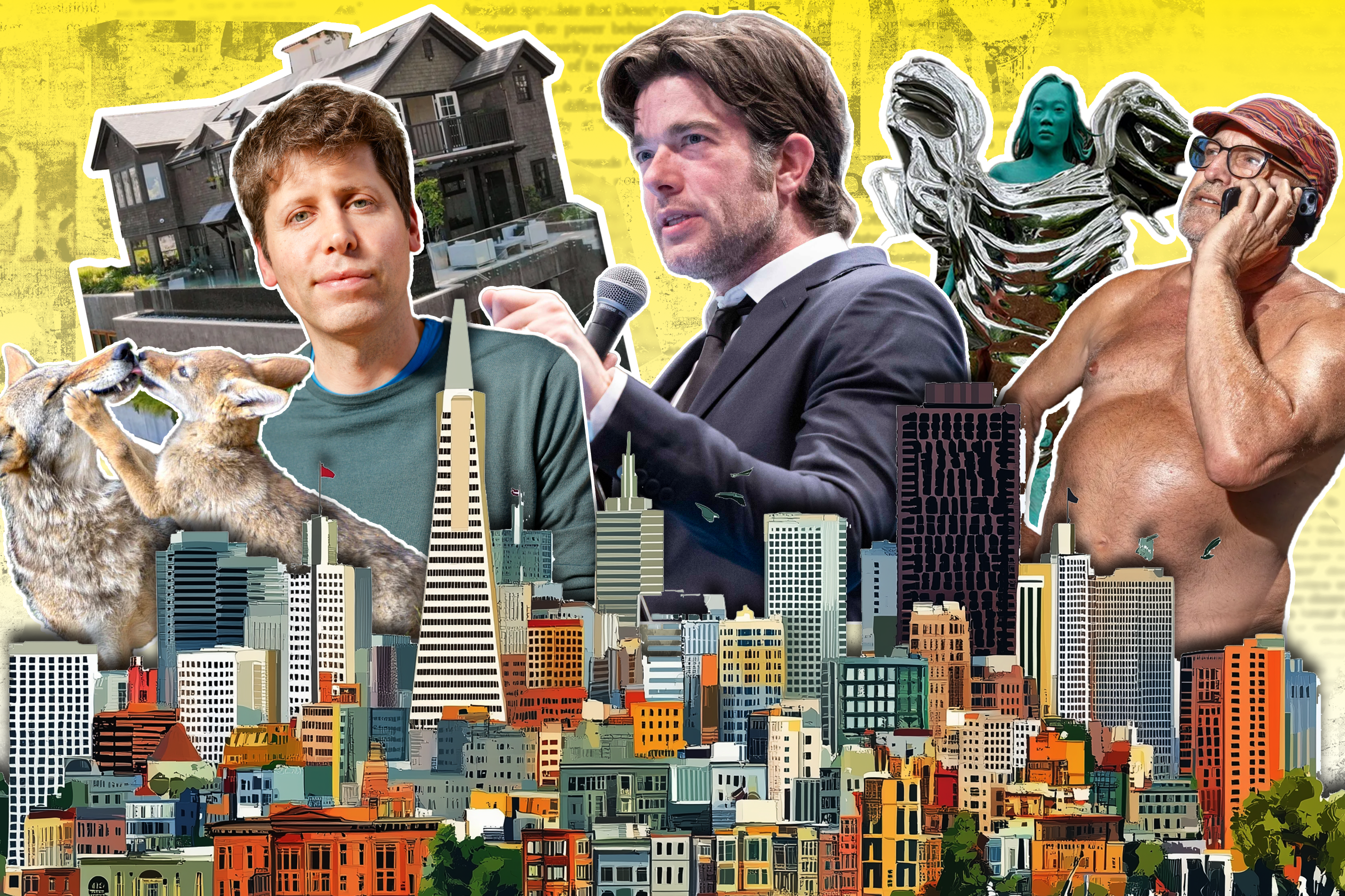 The image features a colorful, artistic collage of a city skyline with diverse elements including two men, coyote, a statue, a house, and a shirtless man on the phone.