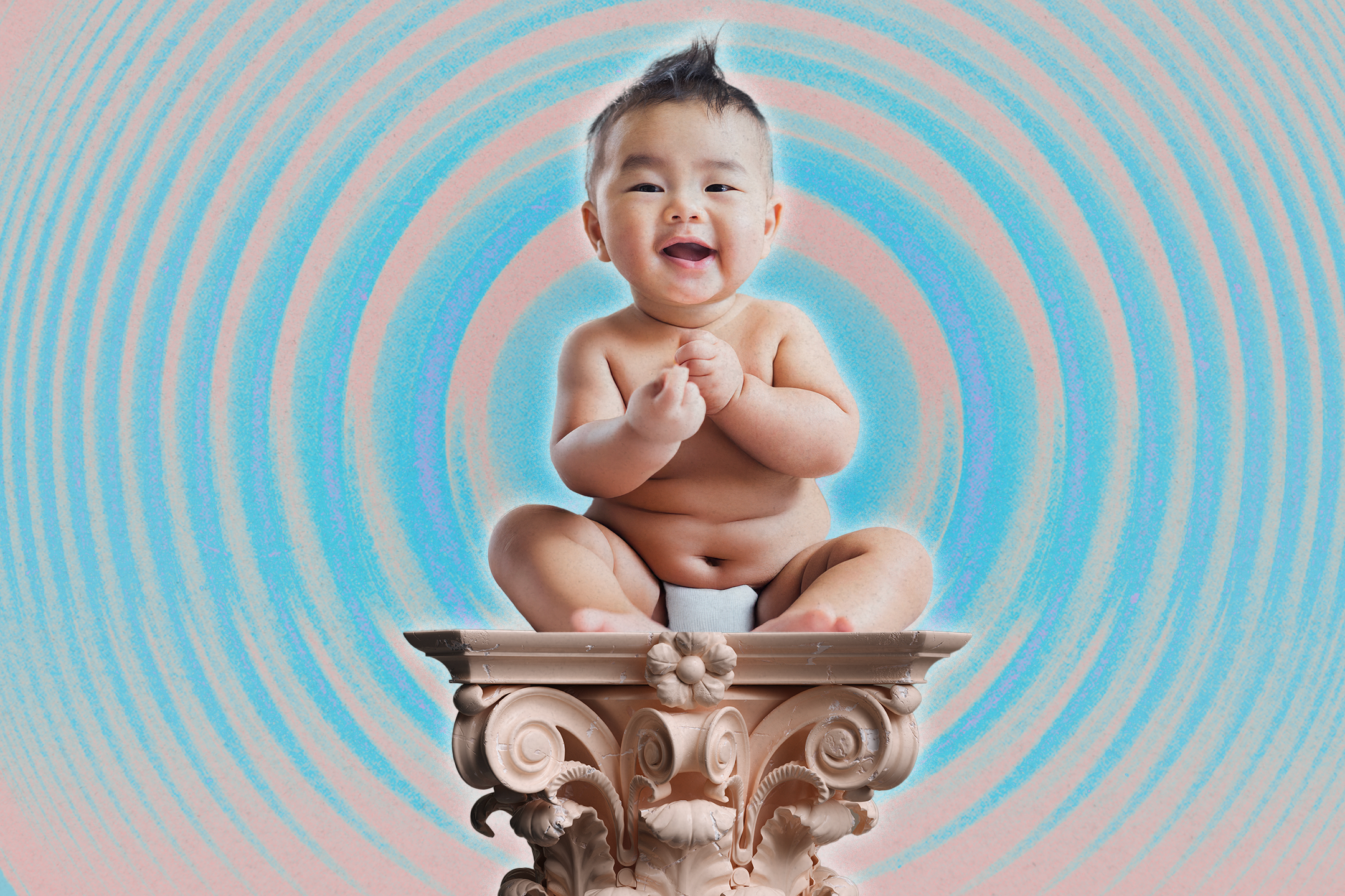 A joyful baby, sitting on an ornate pedestal, is surrounded by swirling pink and blue concentric circles, creating a whimsical and vibrant background.