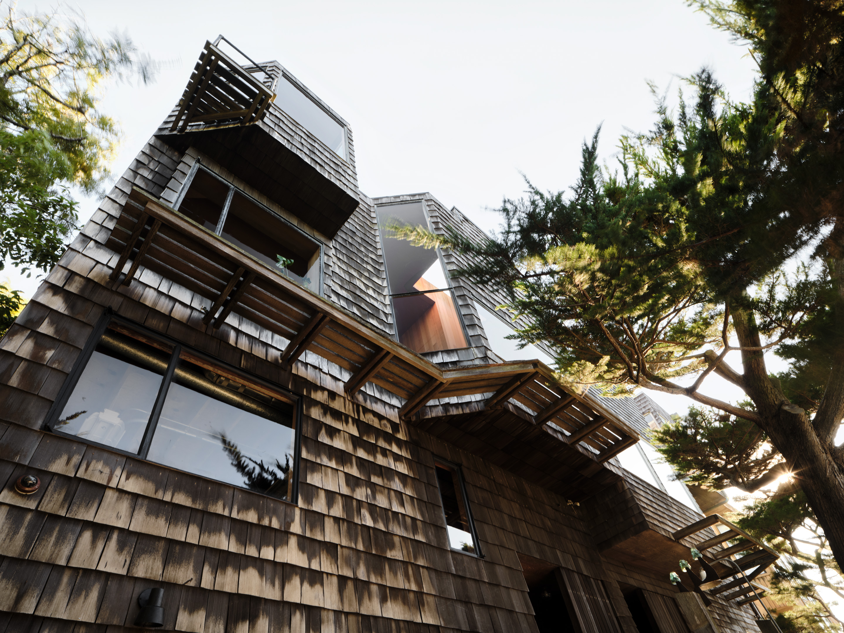 The image shows an angular wooden building with shingled siding and large windows. Trees with lush green foliage surround it, adding a natural feel.