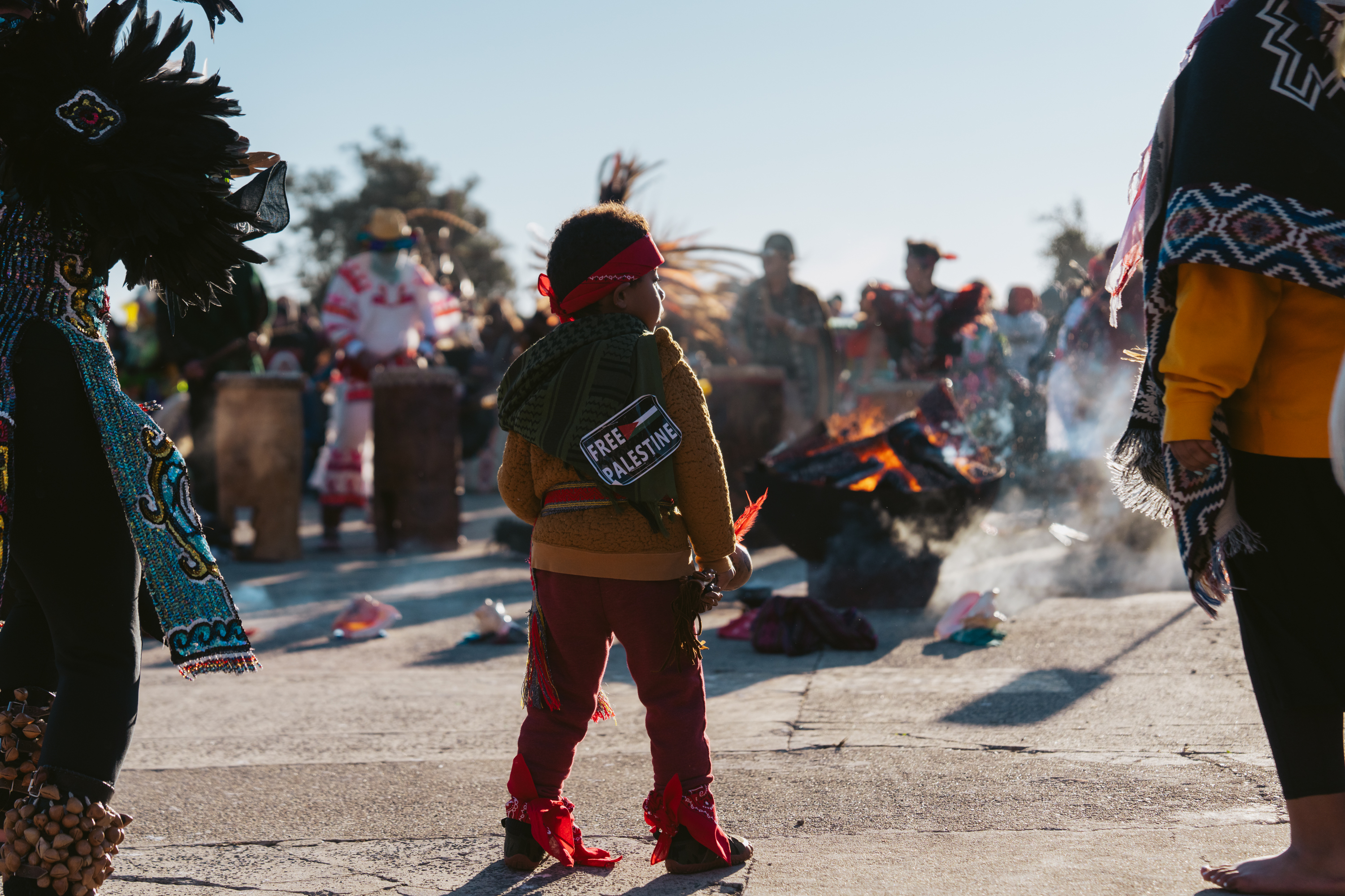 A child with a Free Palestine sign at the indigenous sunrise gathering on Alcatraz Island.