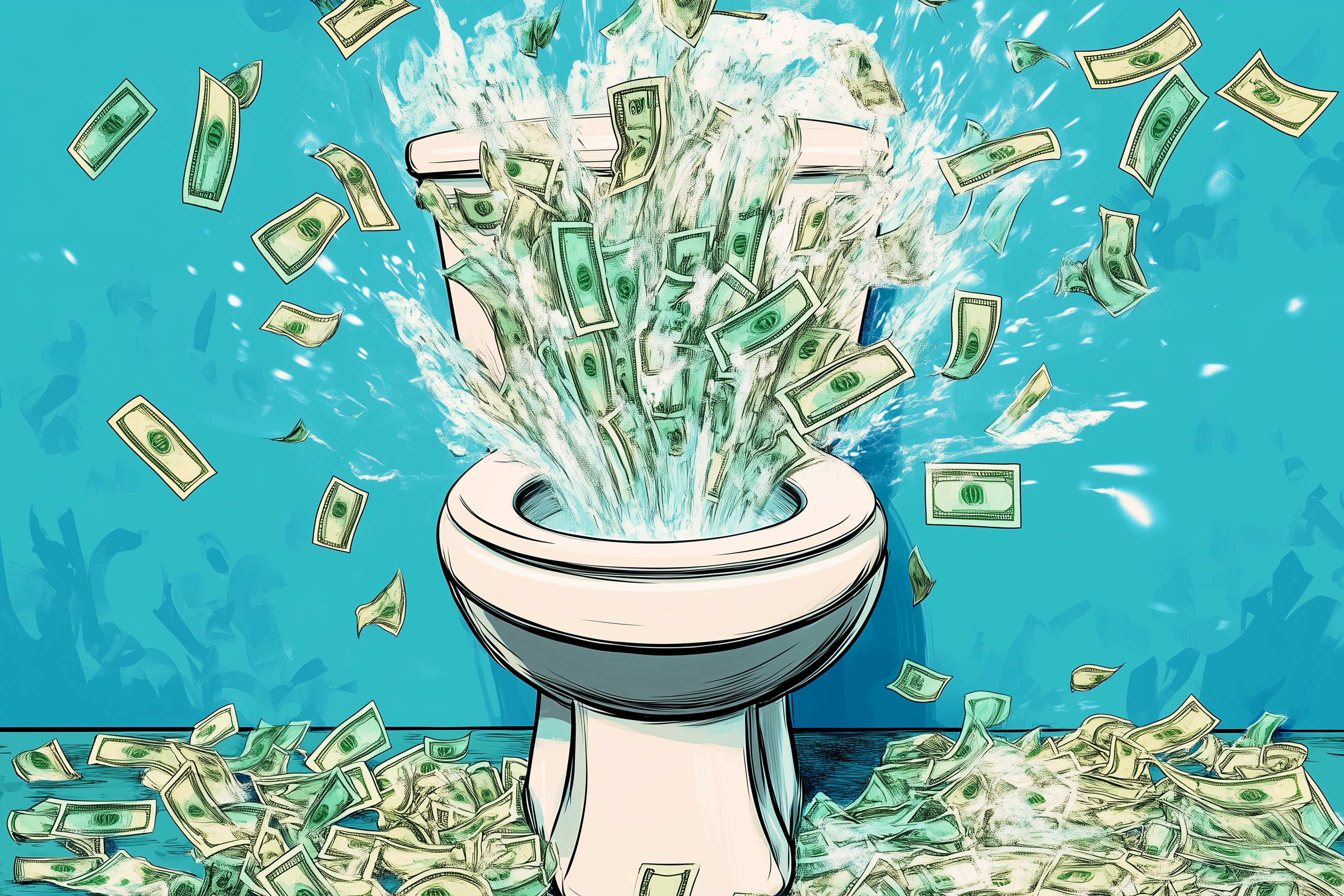 A toilet is overflowing with waves of water and dollar bills, scattering money across the bathroom floor and into the air against a bright blue background.