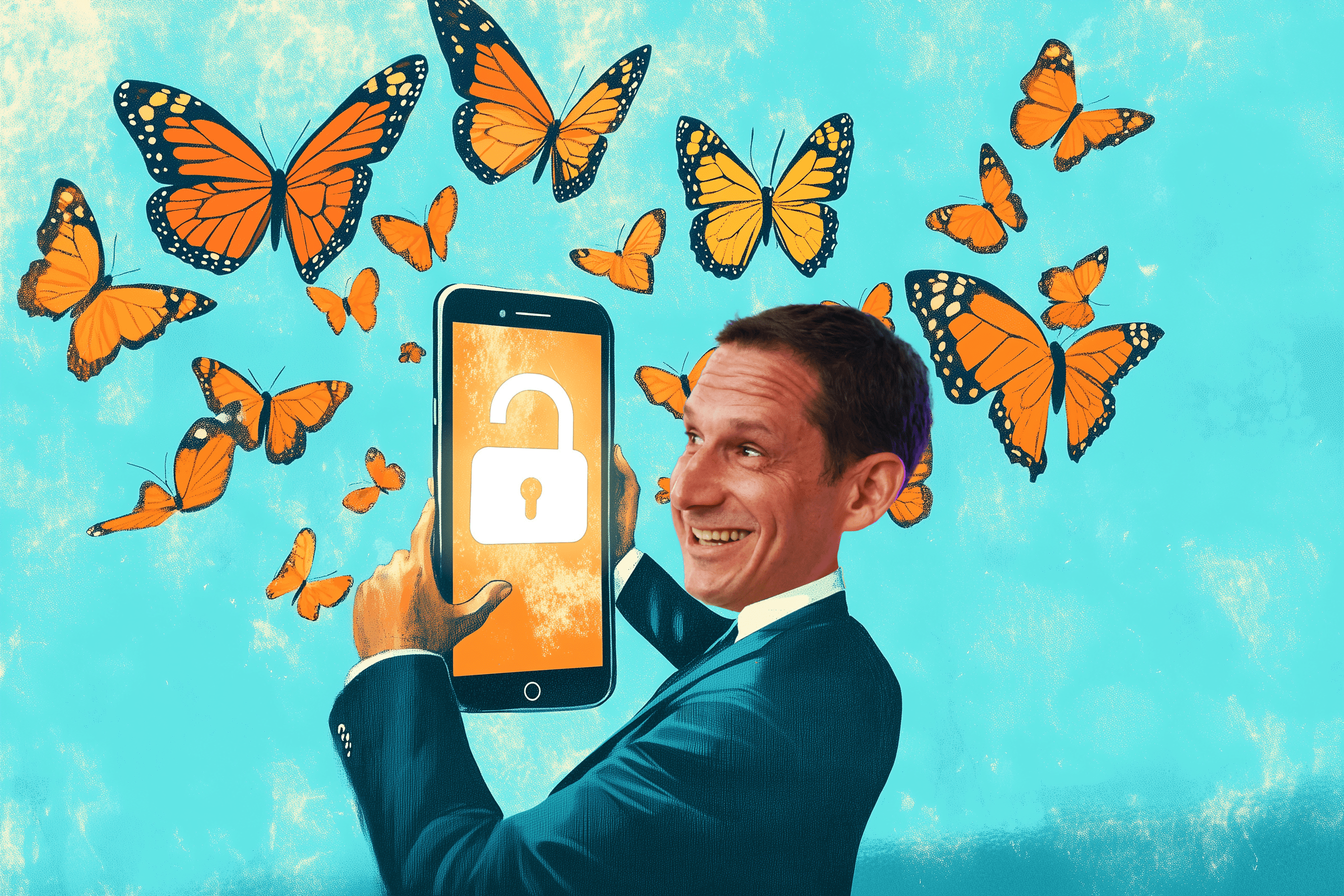 A smiling man in a suit holds a smartphone with an unlocked padlock icon, surrounded by vibrant orange butterflies against a bright blue background.