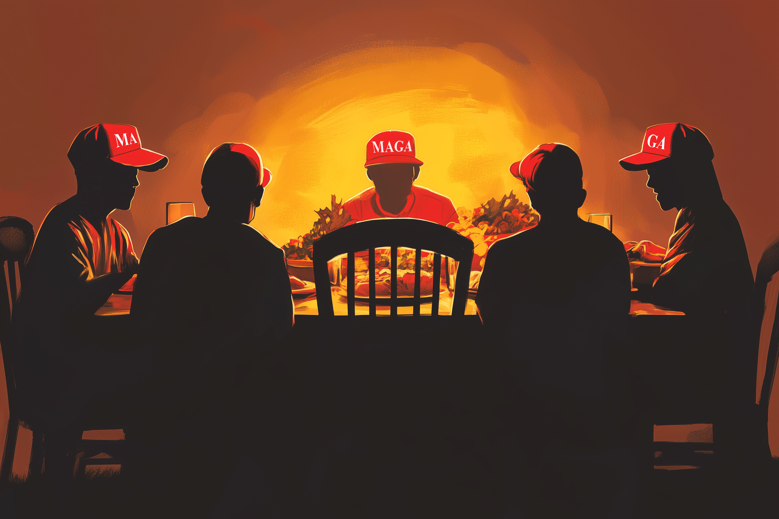 Five people are seated around a table in dim light, wearing red caps that partially spell "MAGA." They share a meal with visible greenery and drinks.