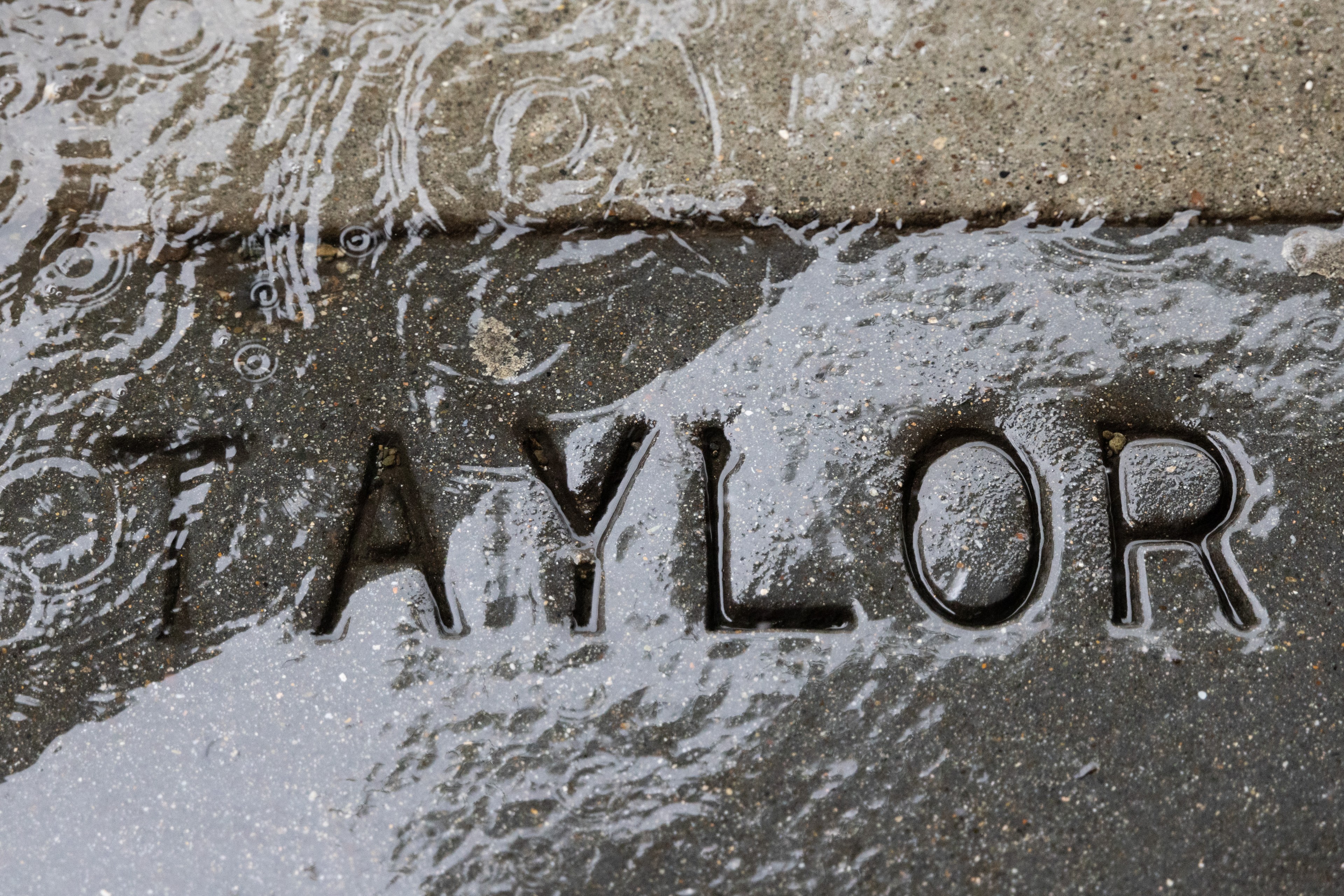 The image shows the word &quot;TAYLOR&quot; carved into a wet, textured surface with water and raindrop ripples on top.