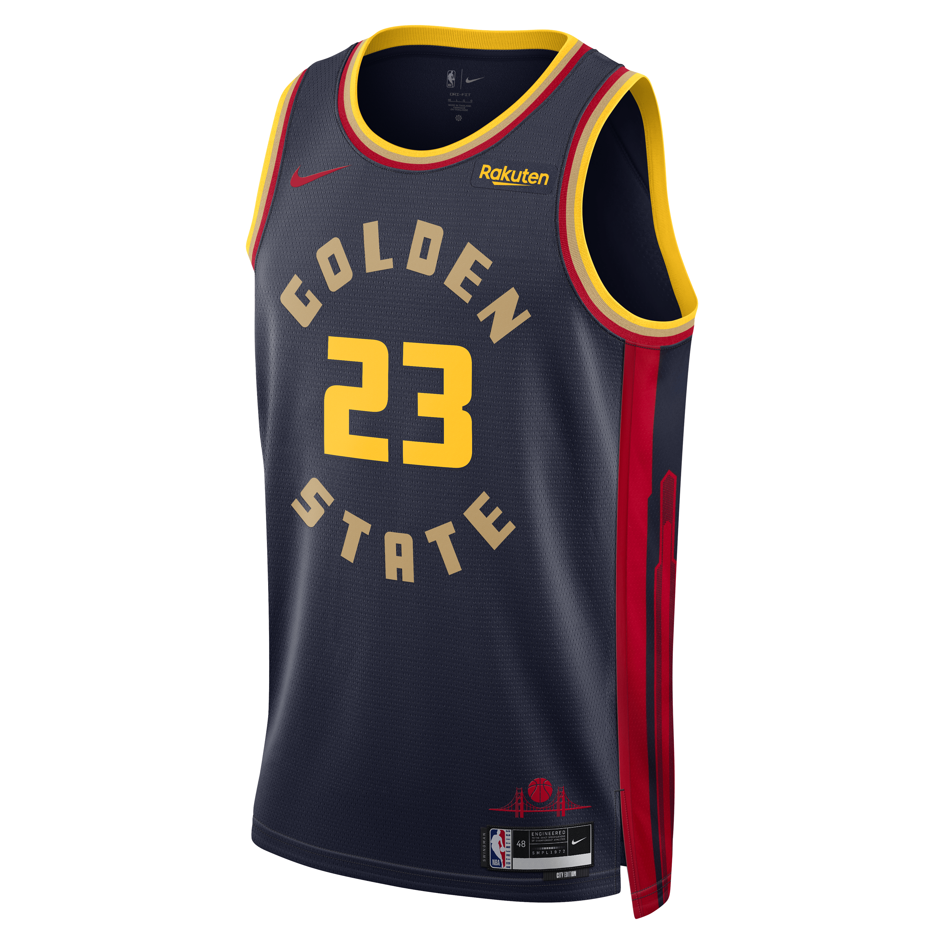 The image shows a navy blue Golden State Warriors jersey with yellow trim. It features the number 23, red side accents, and branding by Nike and Rakuten.