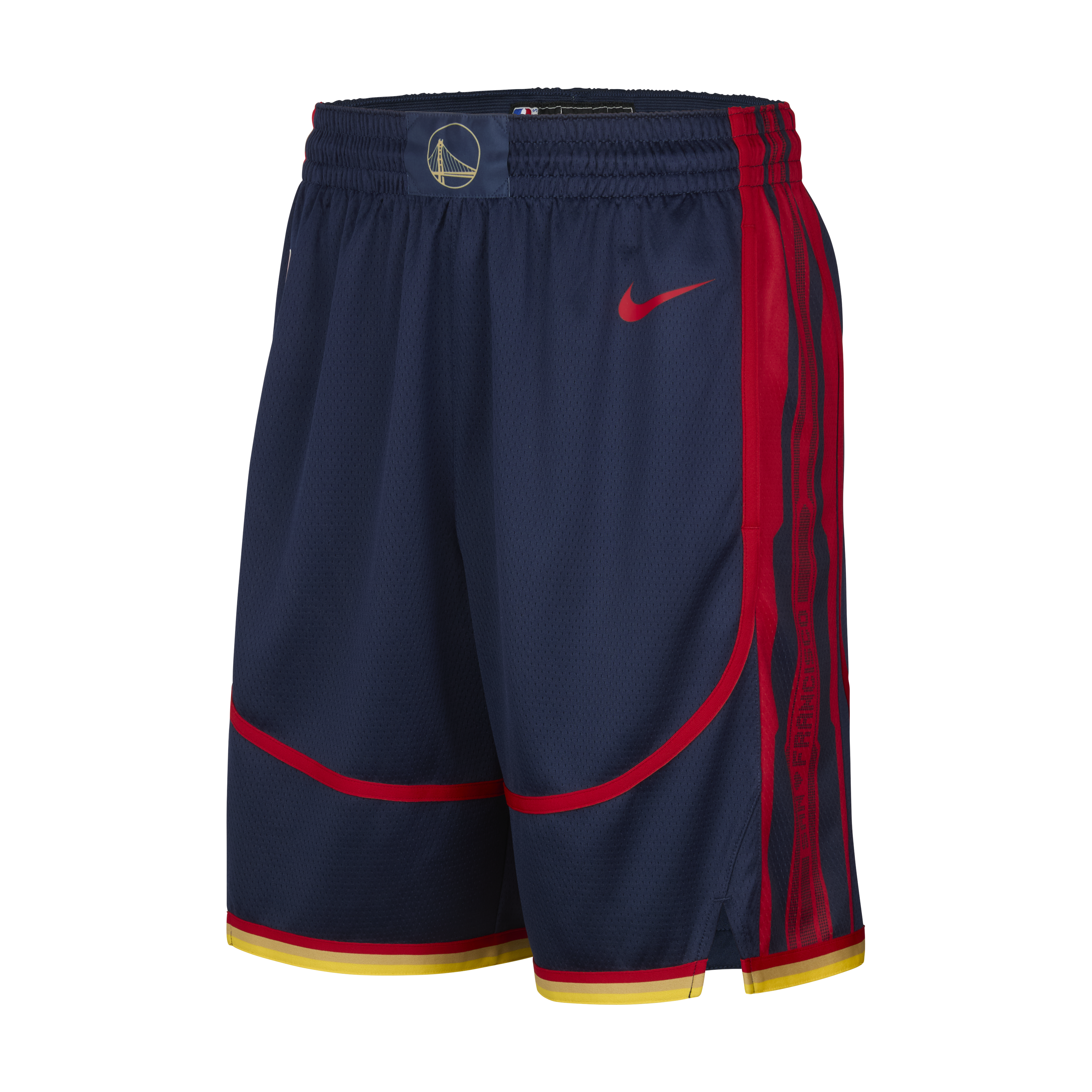 The image shows a pair of dark blue athletic shorts with red side stripes and accents. They feature a sports logo at the waistband and a small red Nike swoosh.