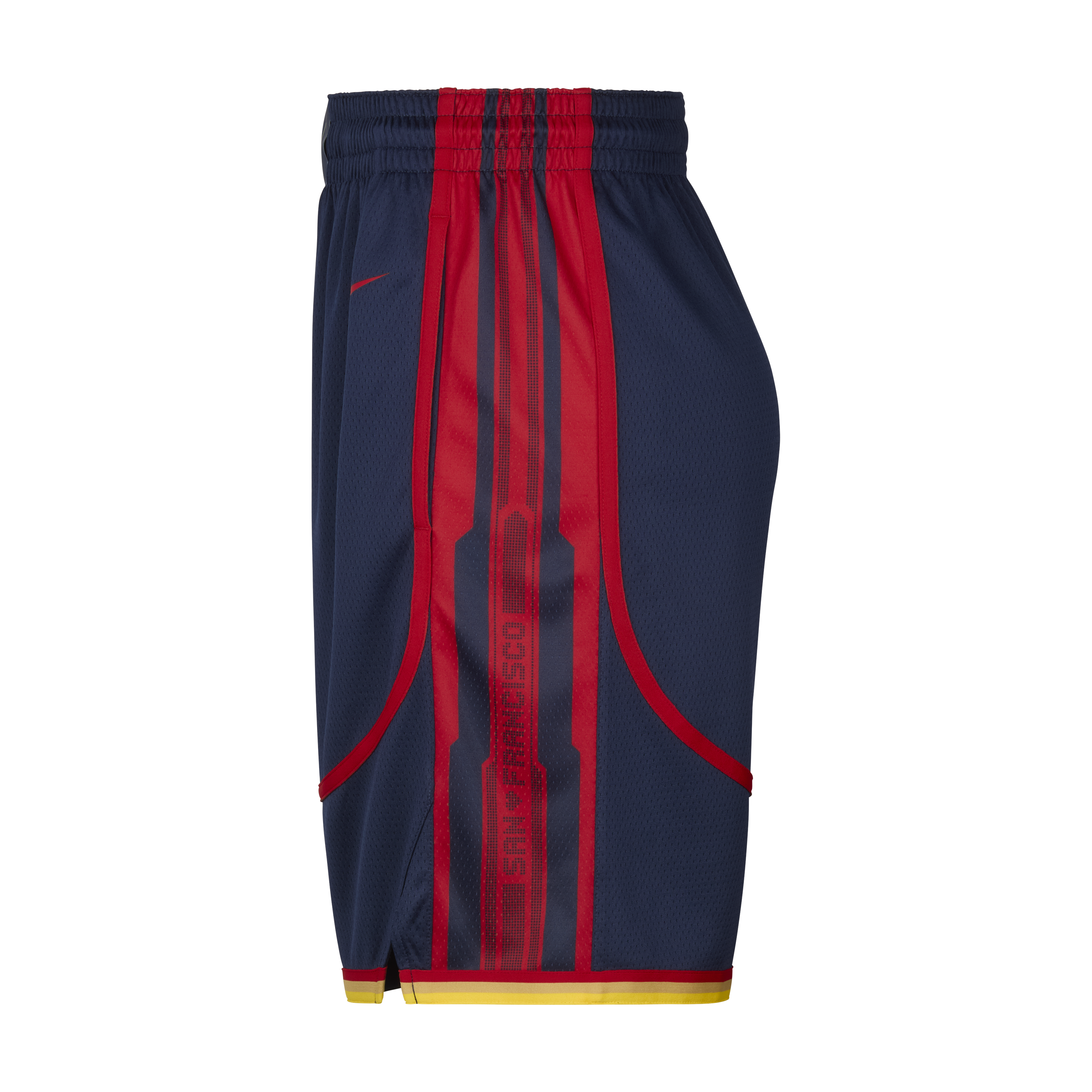 These are athletic shorts with a dark blue base, featuring bold red vertical stripes and the word &quot;San Francisco&quot; printed on the side.