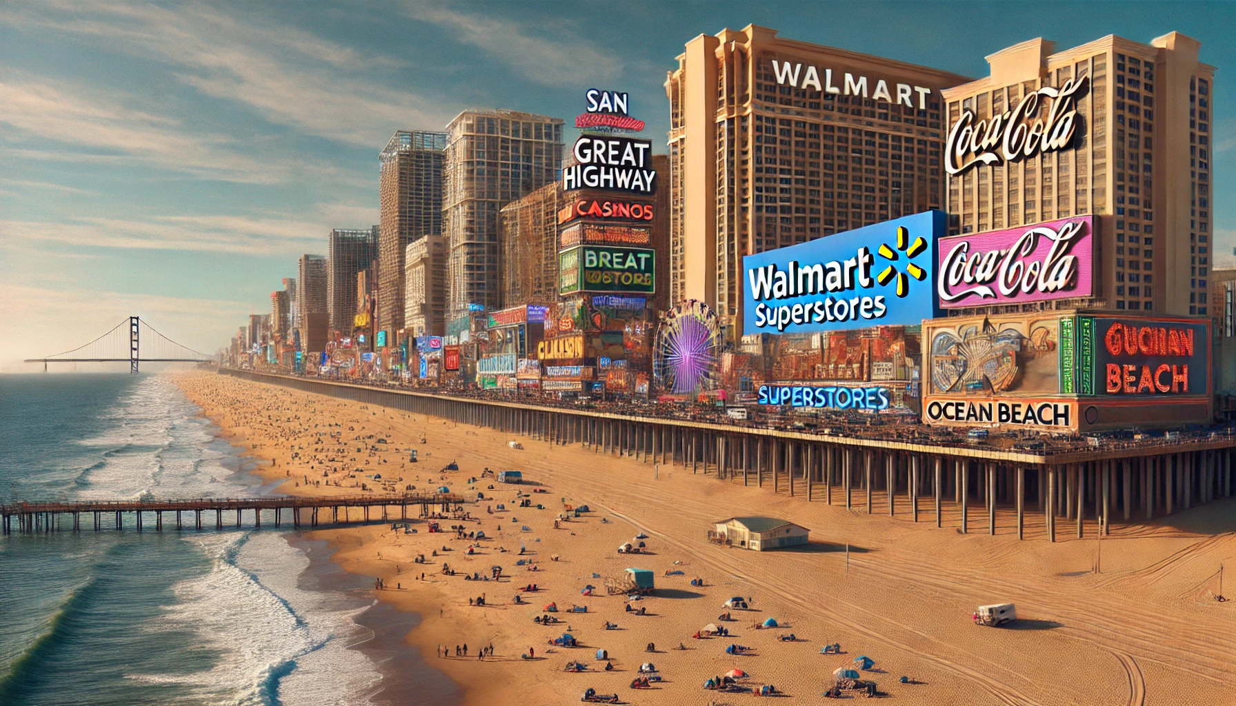 A bustling beach runs alongside a cityscape filled with towering buildings, large advertisements, and a pier. The beach is lively with people and the ocean is calm.