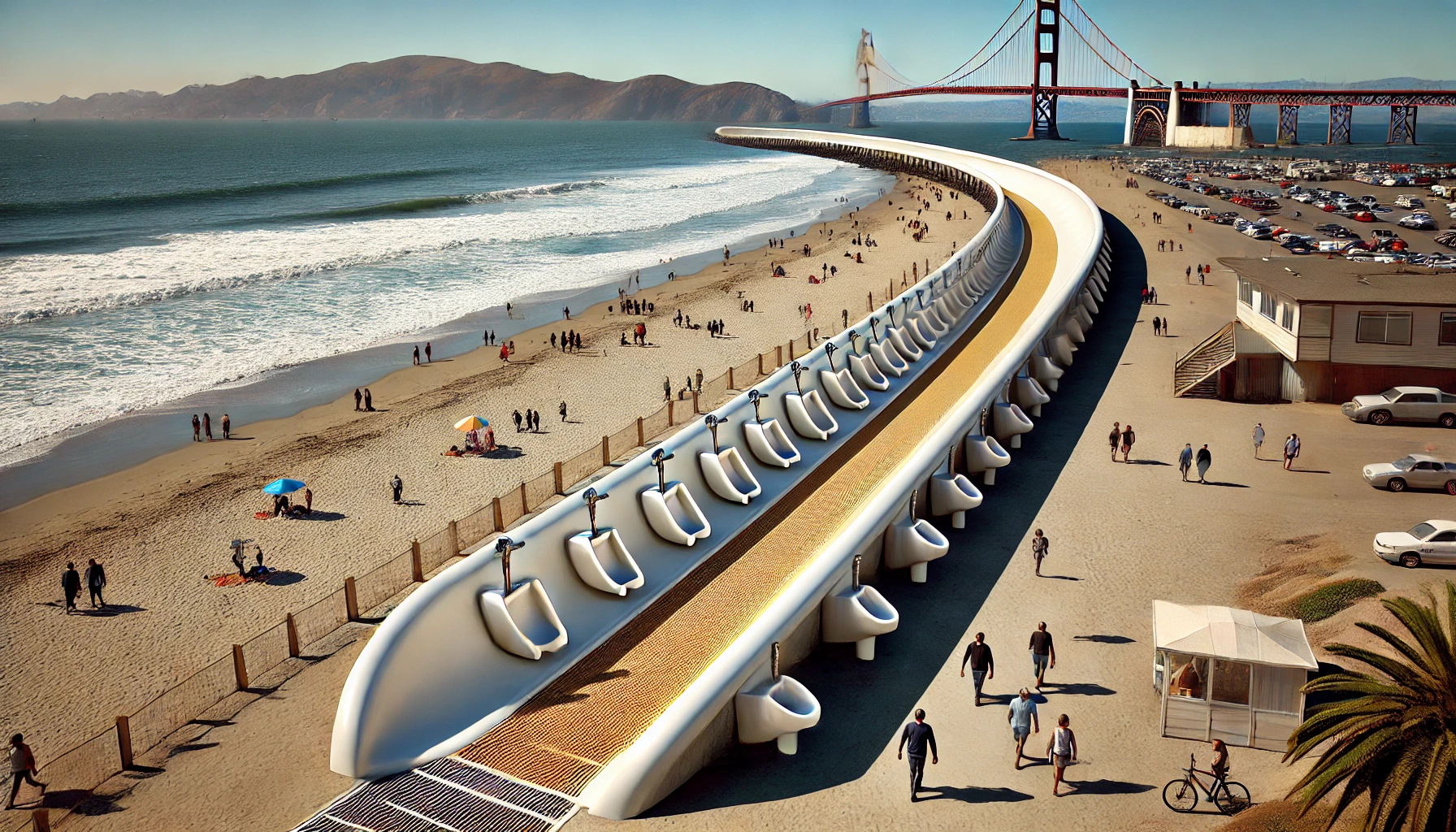 A futuristic, massive curved public urinal installation spans a busy beach path near a coastal area. It twists alongside beachgoers walking and enjoying the shore.