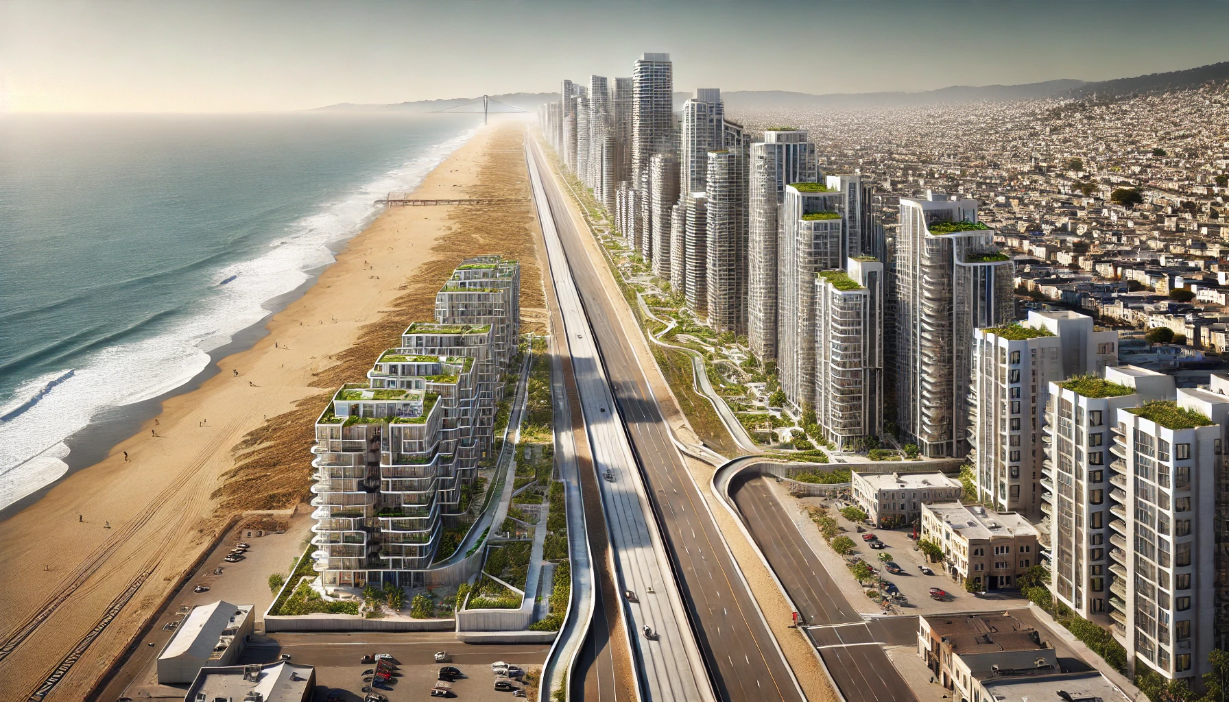 The image shows a futuristic cityscape with modern high-rise buildings lined along a highway, adjacent to a wide sandy beach with waves gently lapping the shore.