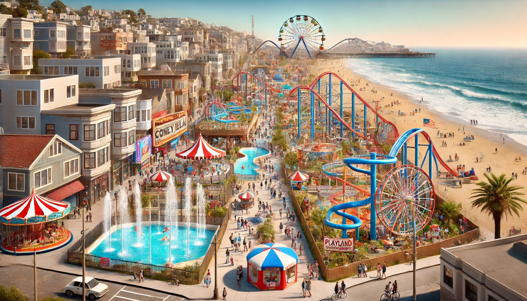 A vibrant beachfront amusement park with roller coasters, ferris wheels, and colorful buildings. Crowds enjoy rides, fountains, and the sandy shoreline under a clear sky.