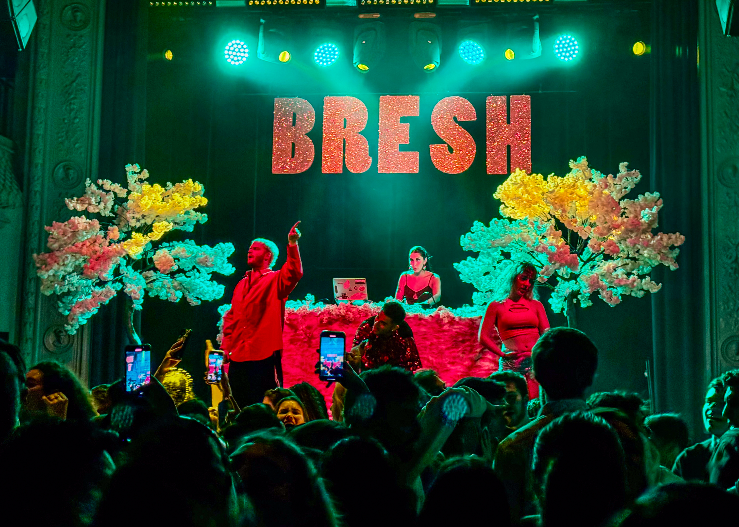 A vibrant party scene features a DJ booth with pink decorations, colorful artificial trees, and a lively crowd. &quot;BRESH&quot; is illuminated above the stage.