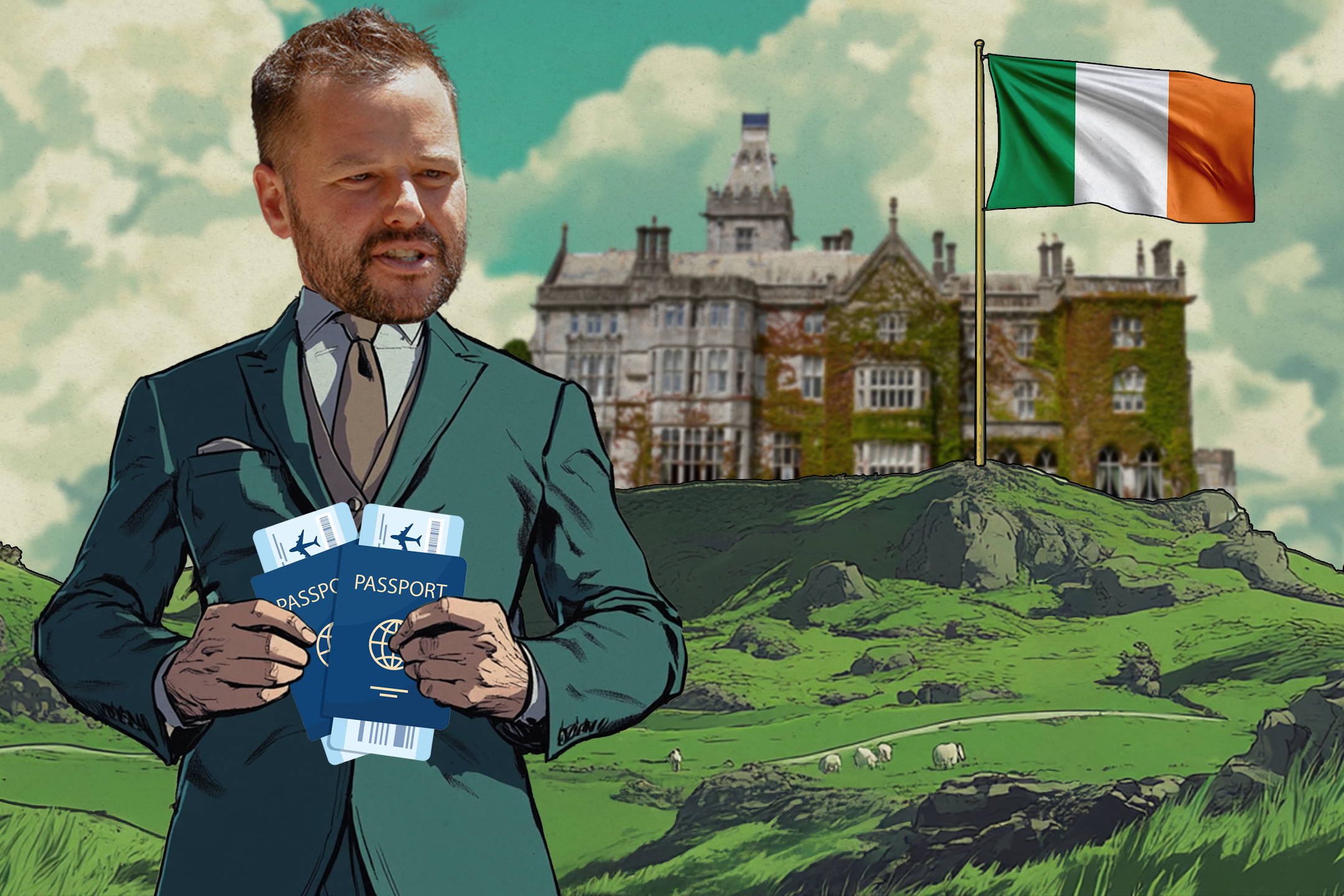 A man in a suit holds two passports and boarding passes. Behind him is an ivy-covered mansion on a hill with sheep, and an Irish flag waves nearby.