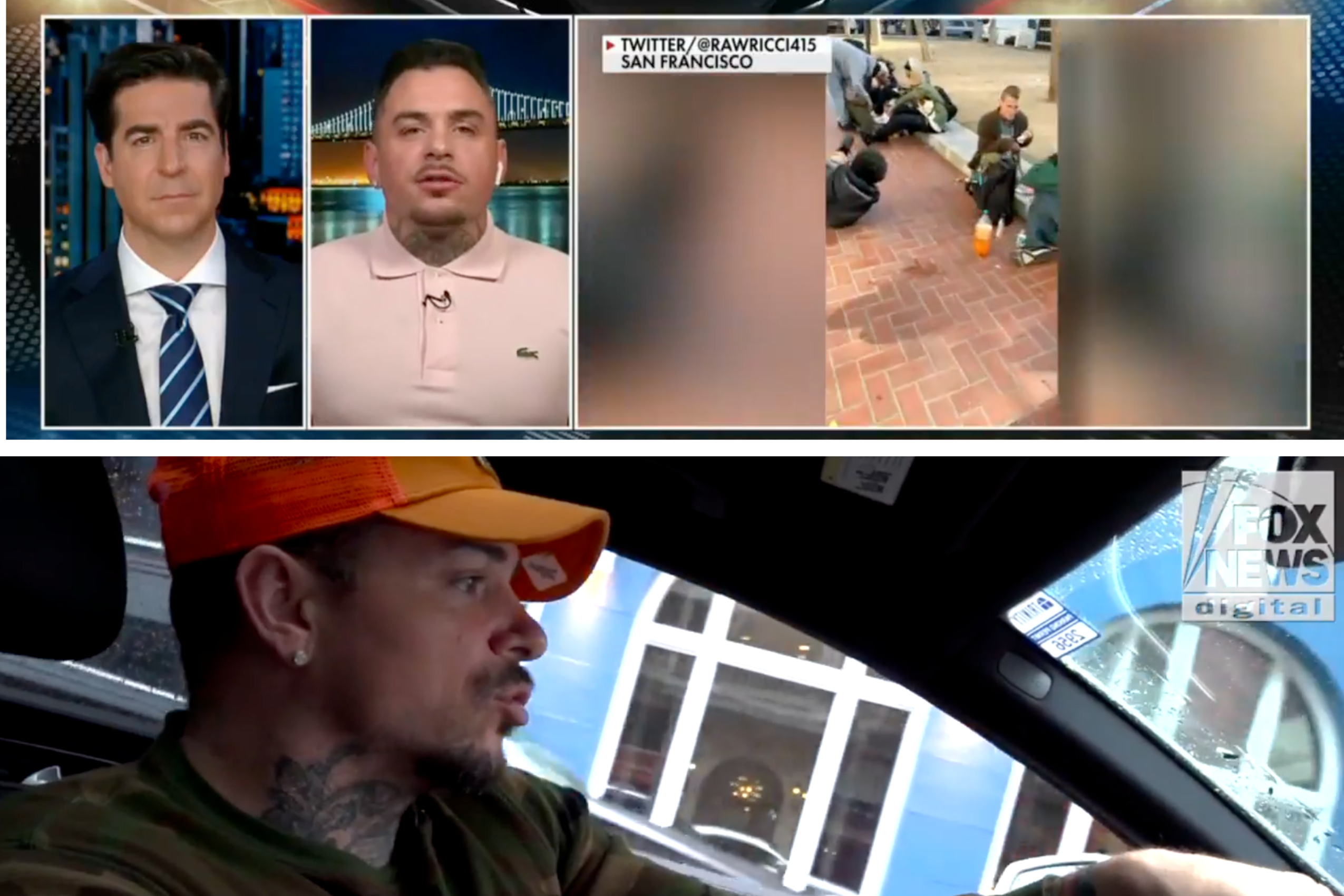 The image shows a split screen of a news segment. On the top, two men are talking with a blurred city scene beside them. Below, a man drives, wearing an orange cap.