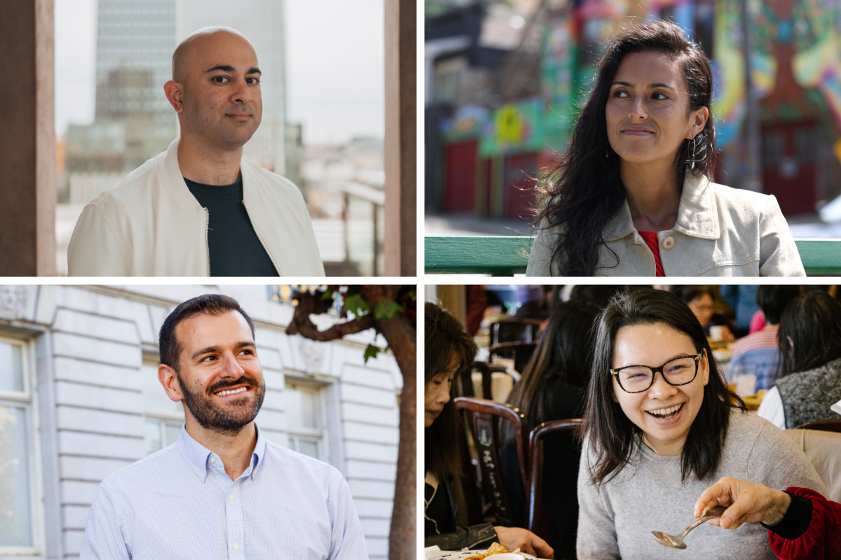 The image is a collage of four people in various settings: a bald man in a cityscape, a woman outdoors with colorful graffiti, a bearded man by a building, and a laughing woman in a restaurant.