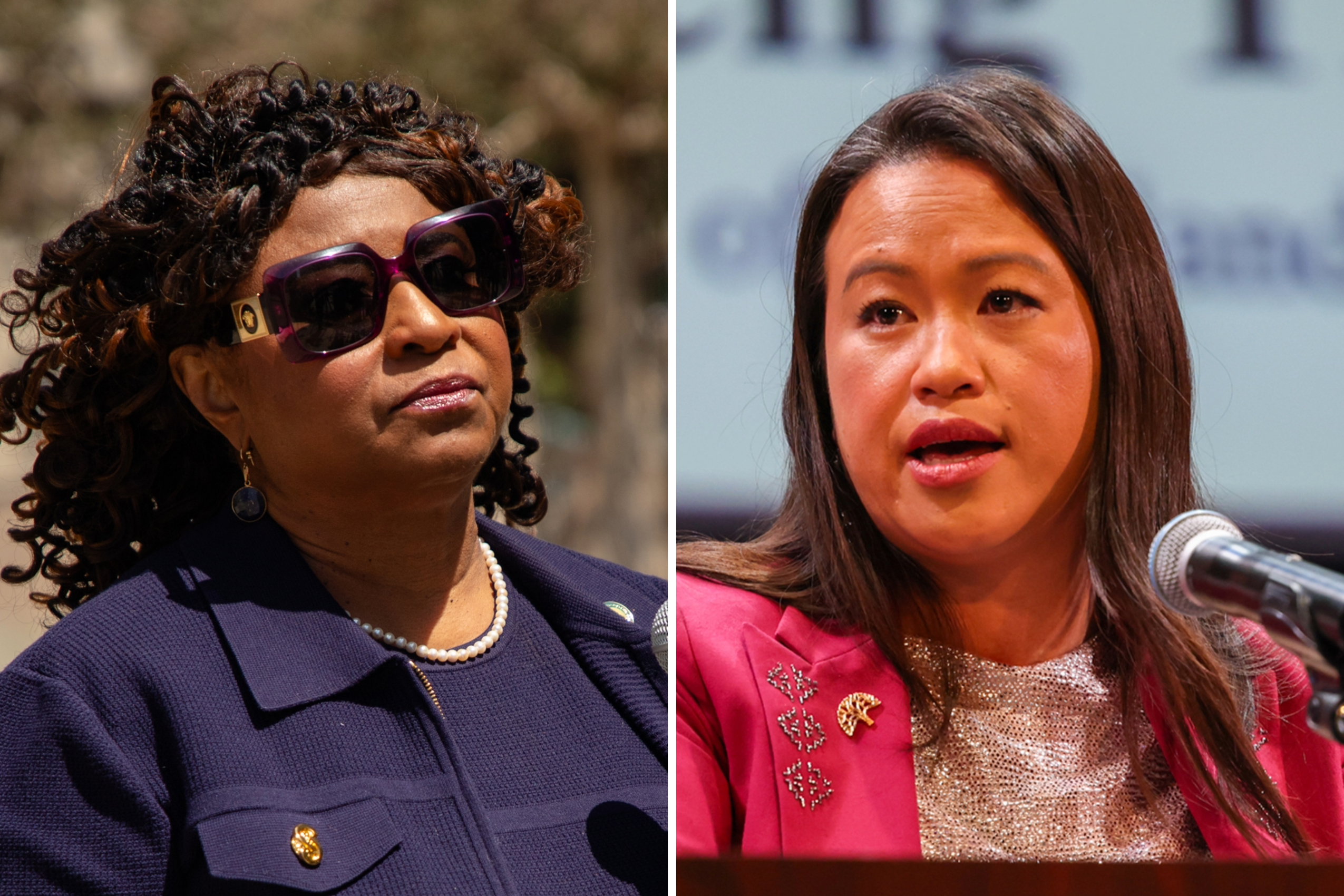 The image shows two women side by side. The woman on the left wears dark sunglasses and a navy outfit, while the woman on the right speaks at a microphone in a pink blazer.