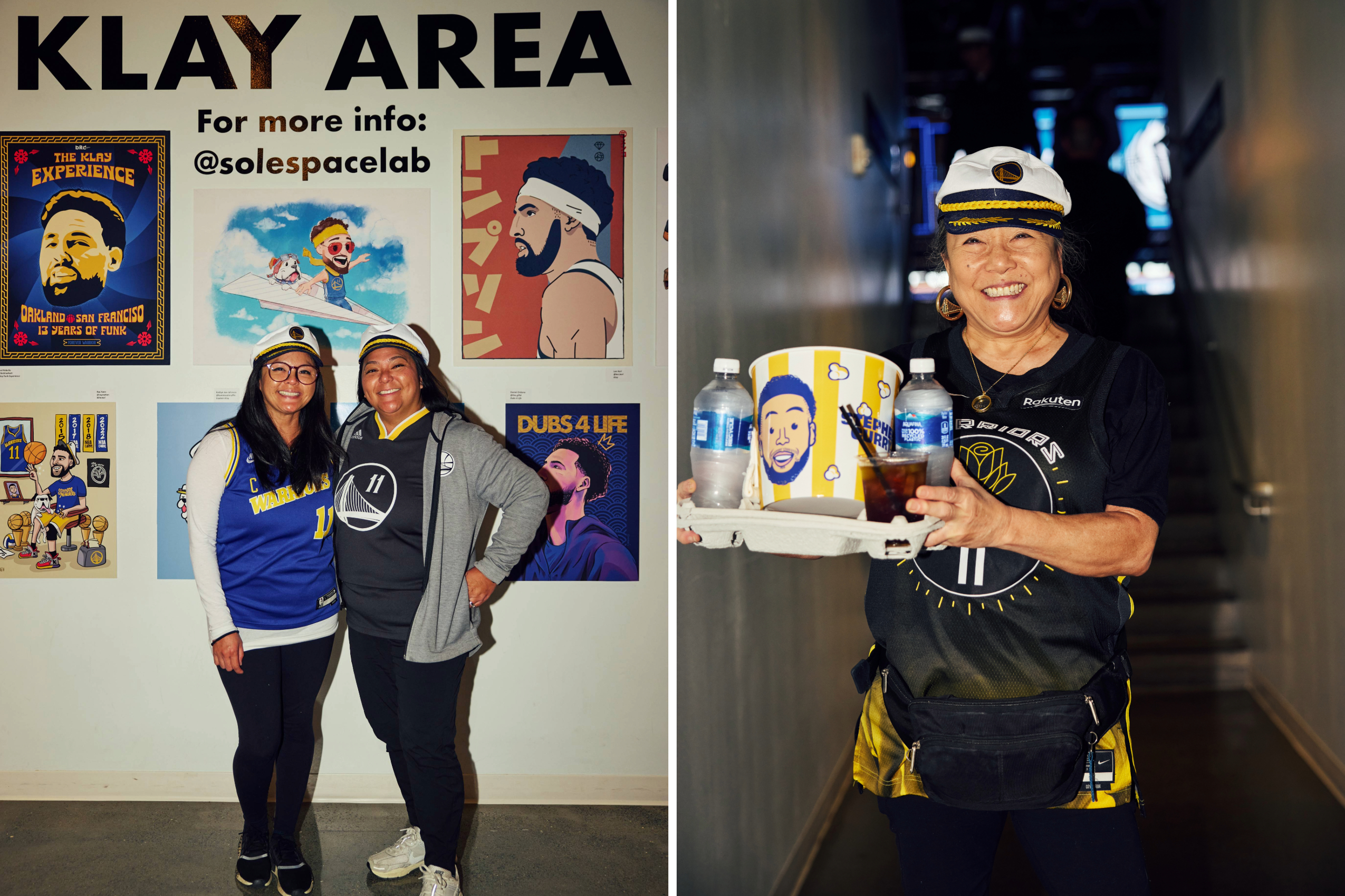 The image shows two women in Warriors gear at a &quot;Klay Area&quot; display with fan art. Another woman, smiling, carries snacks and drinks in a Warriors uniform.