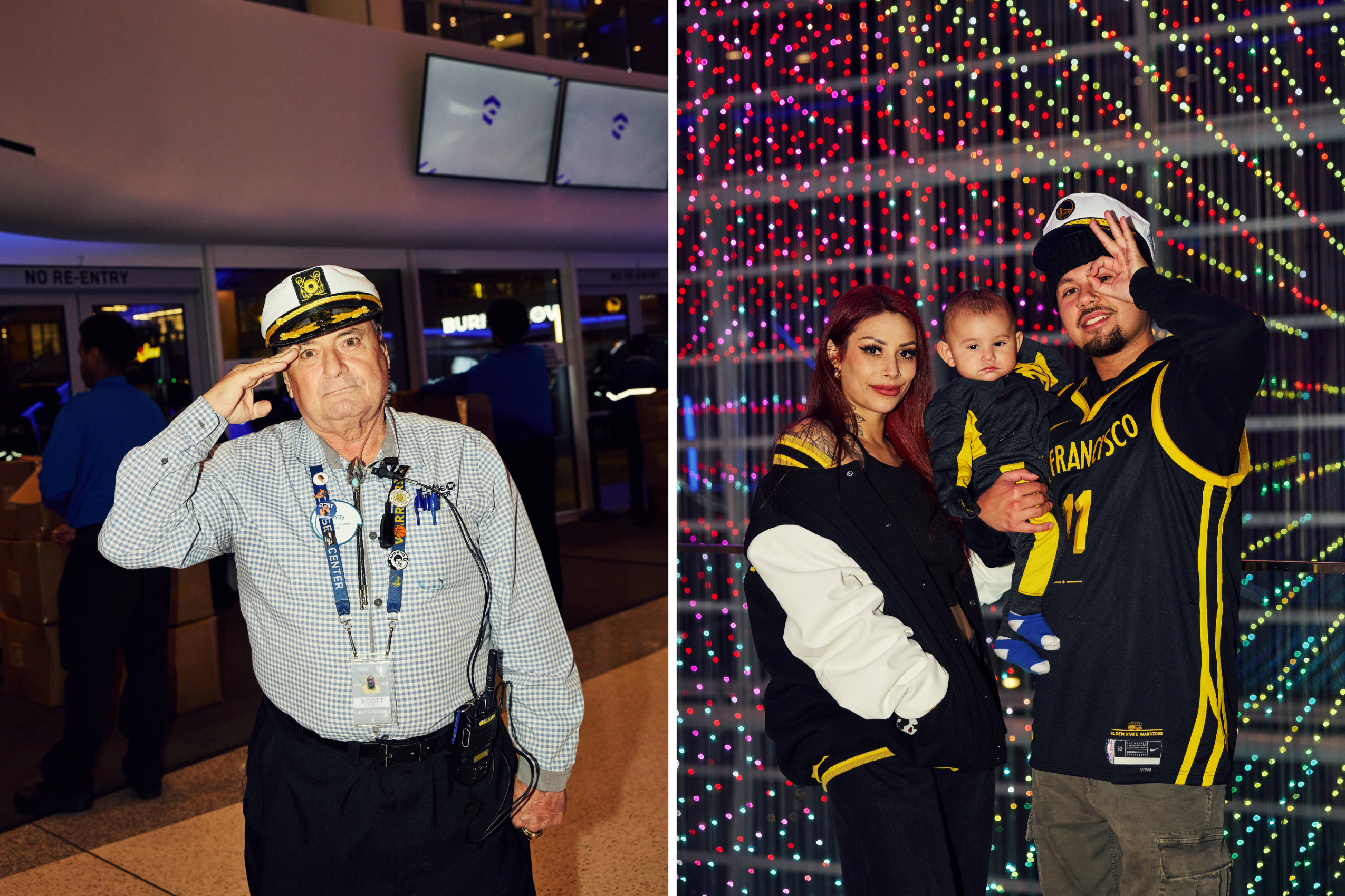 The image shows a man in a captain's hat saluting in a lobby. Beside him, a family poses in front of colorful lights, with the man holding a baby.