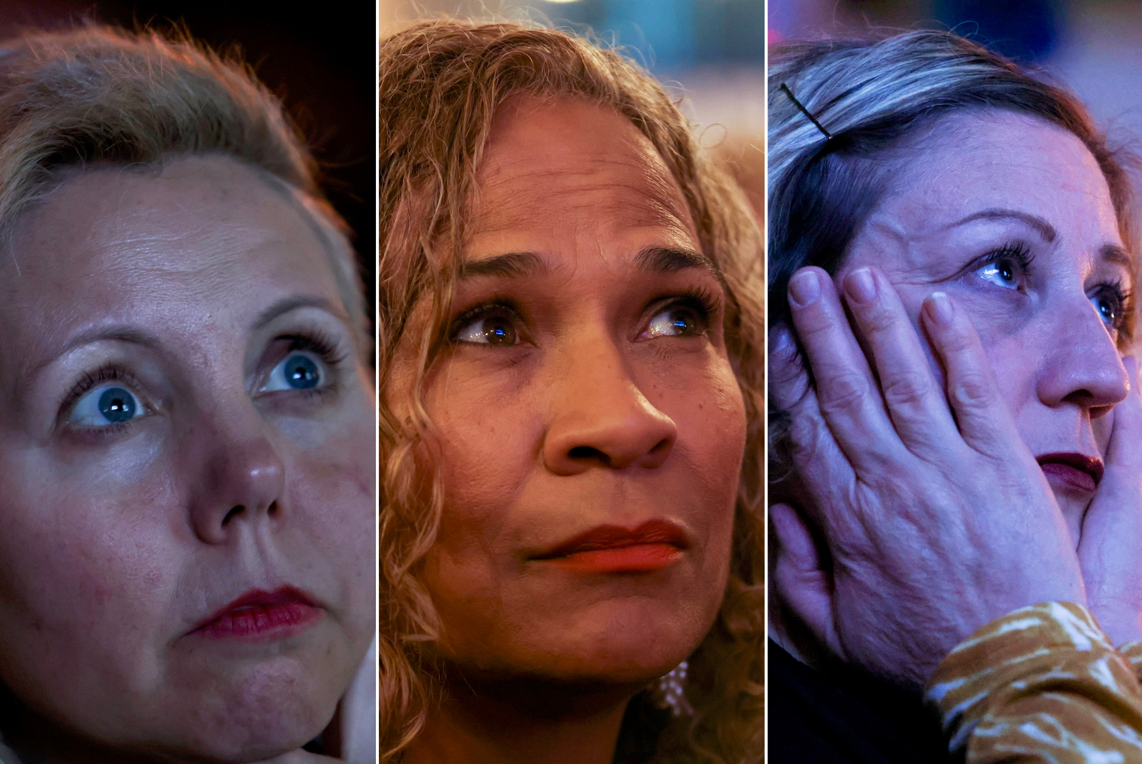 The image shows three close-up shots of women with solemn expressions, looking upwards. Each woman displays a different mix of thoughtful and concerned emotion.