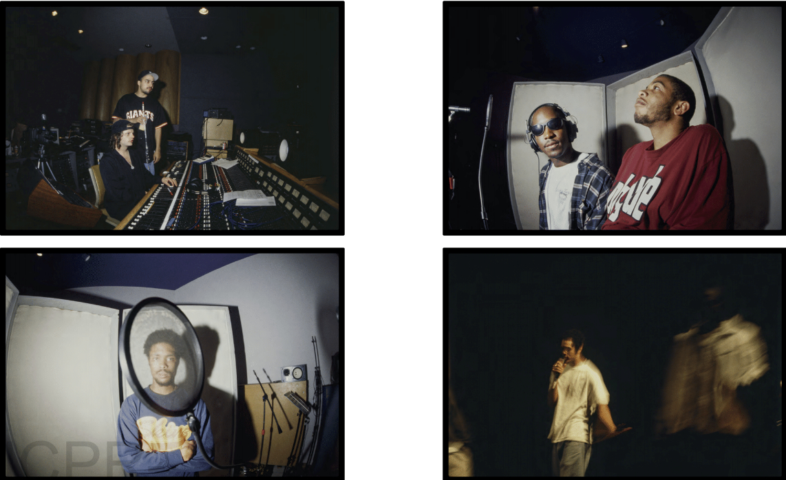 The image collage shows scenes from a recording studio: people working at a mixing desk, two in a vocal booth, one in front of a microphone, and a blurred performance.