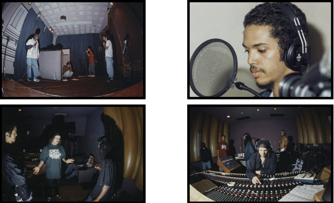 The image shows four scenes in a music studio: musicians in a booth, a singer recording, people discussing by a soundboard, and a person mixing tracks at the console.