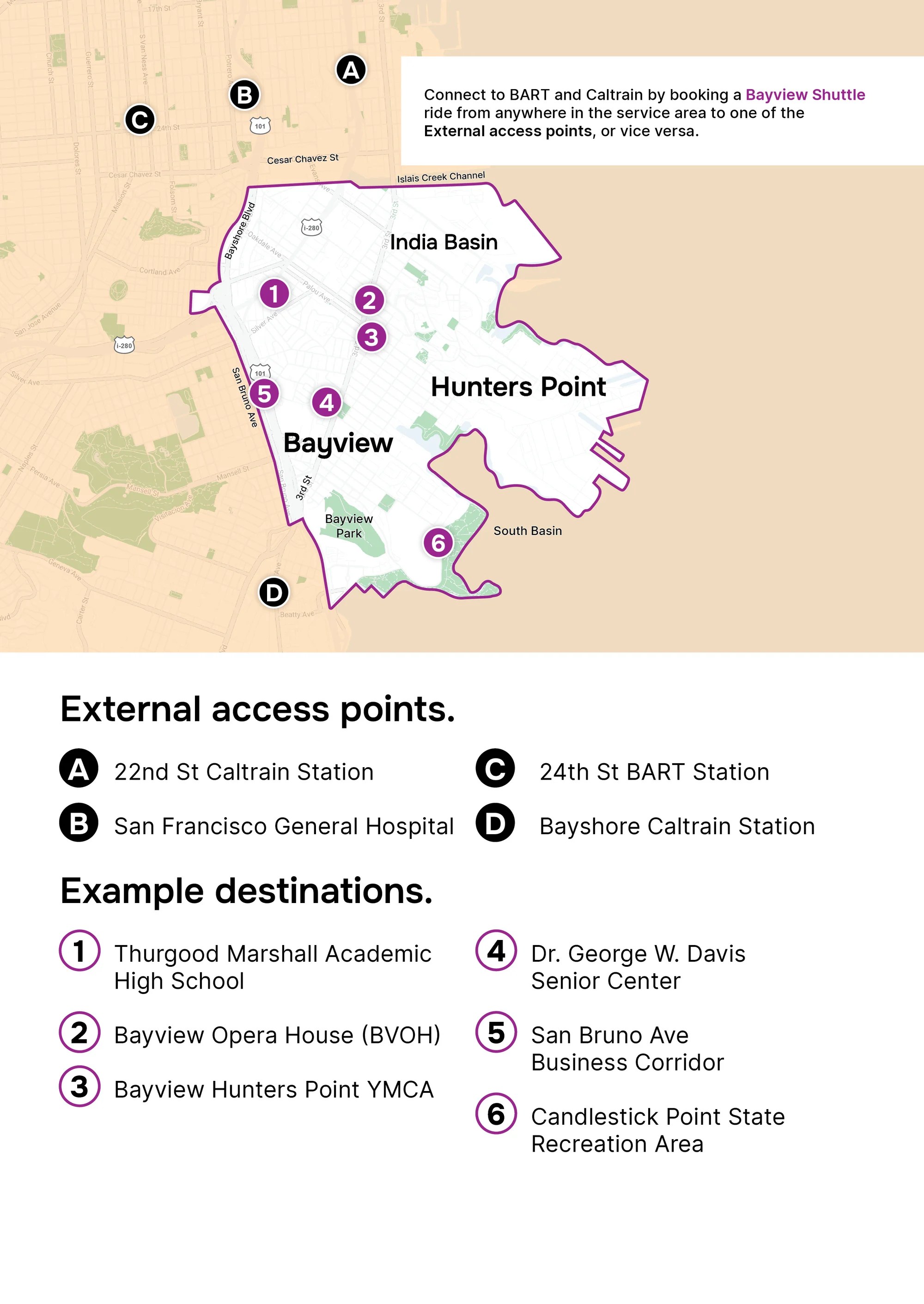 The image shows a map of Bayview-Hunters Point highlighting shuttle access points and destinations like schools and parks, with stations labeled A-D for transport connectivity.