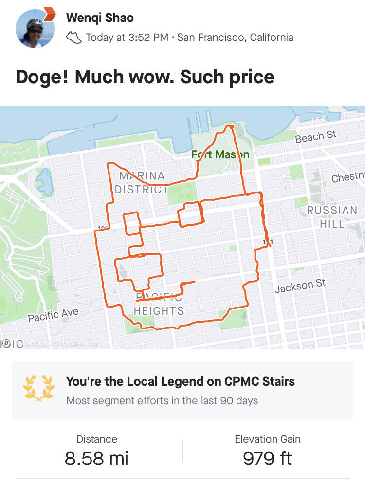 A map outlines a route in San Francisco shaped like a dog, resembling the &quot;Doge&quot; meme. The distance is 8.58 miles with a 979 ft elevation gain.