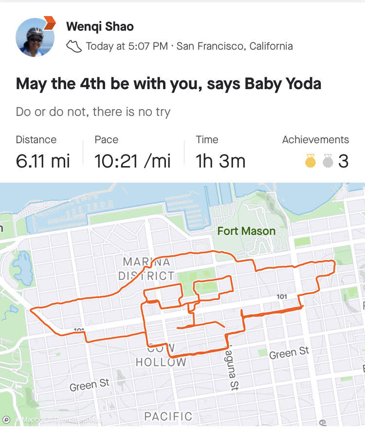 A user named Wenqi Shao completed a 6.11-mile run in San Francisco, paced at 10:21 per mile, taking 1 hour and 3 minutes. The route on the map forms Yoda.