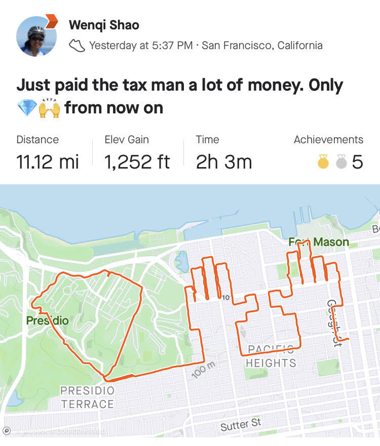 A map shows an 11.12-mile route in San Francisco with an elevation gain of 1,252 ft, resembling two raised middle fingers. The caption humorously mentions taxes.