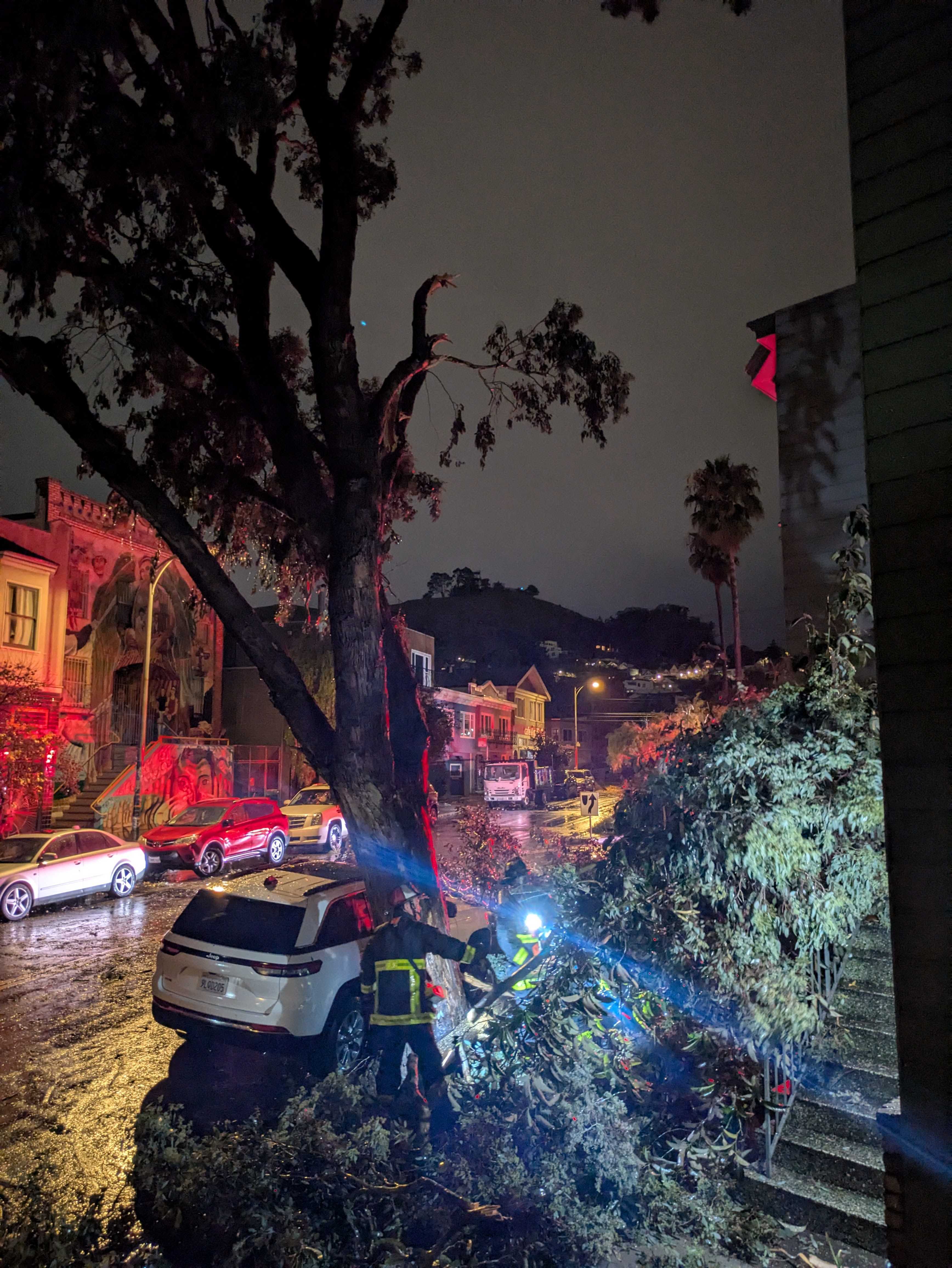 A large tree has fallen onto a white SUV on a dark, rainy street. Emergency workers in reflective gear are clearing the debris. Streetlights illuminate the scene.