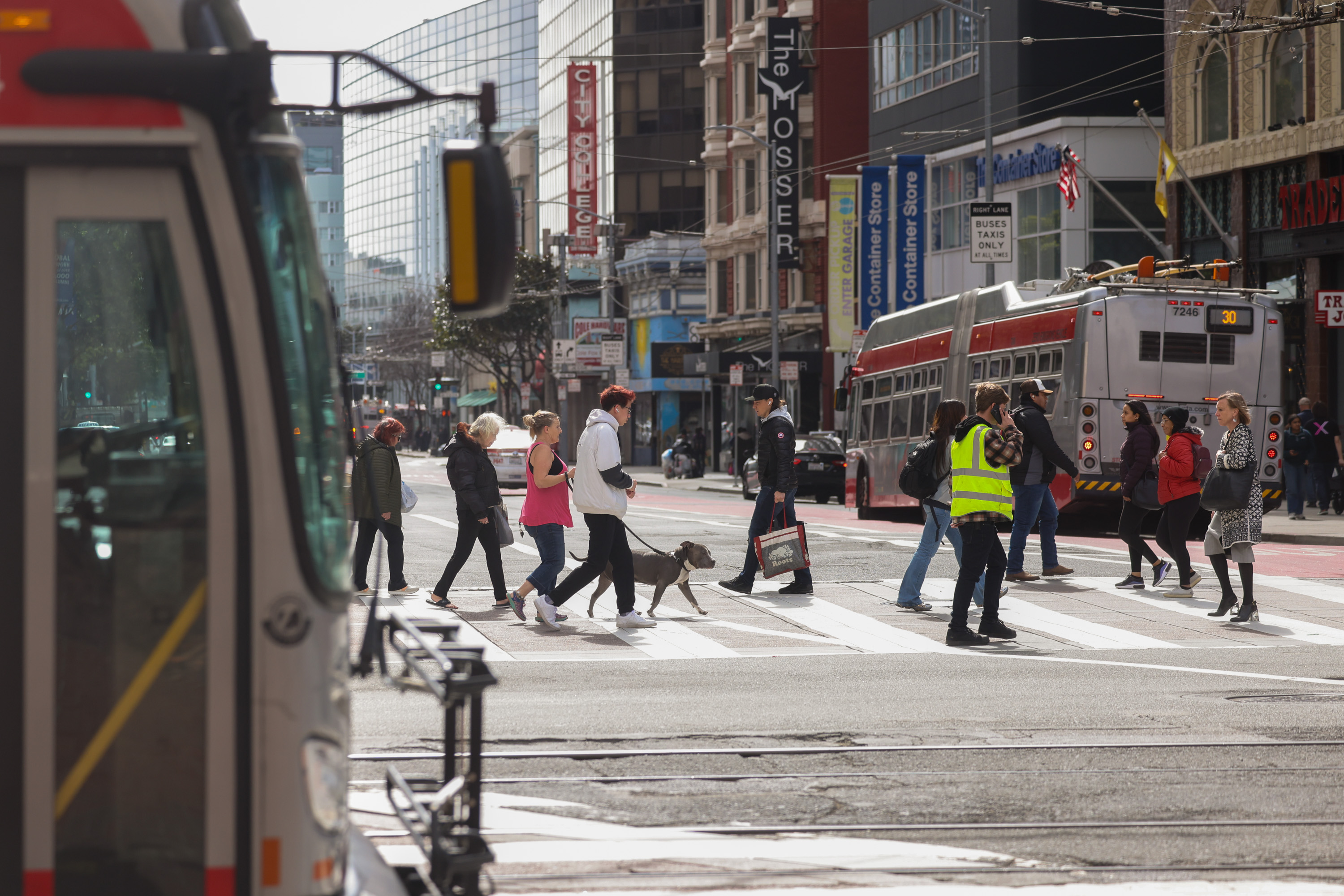 A busy city street with people crossing a crosswalk. They pass a stationary bus and a person in a high-visibility vest, alongside a man walking a dog.