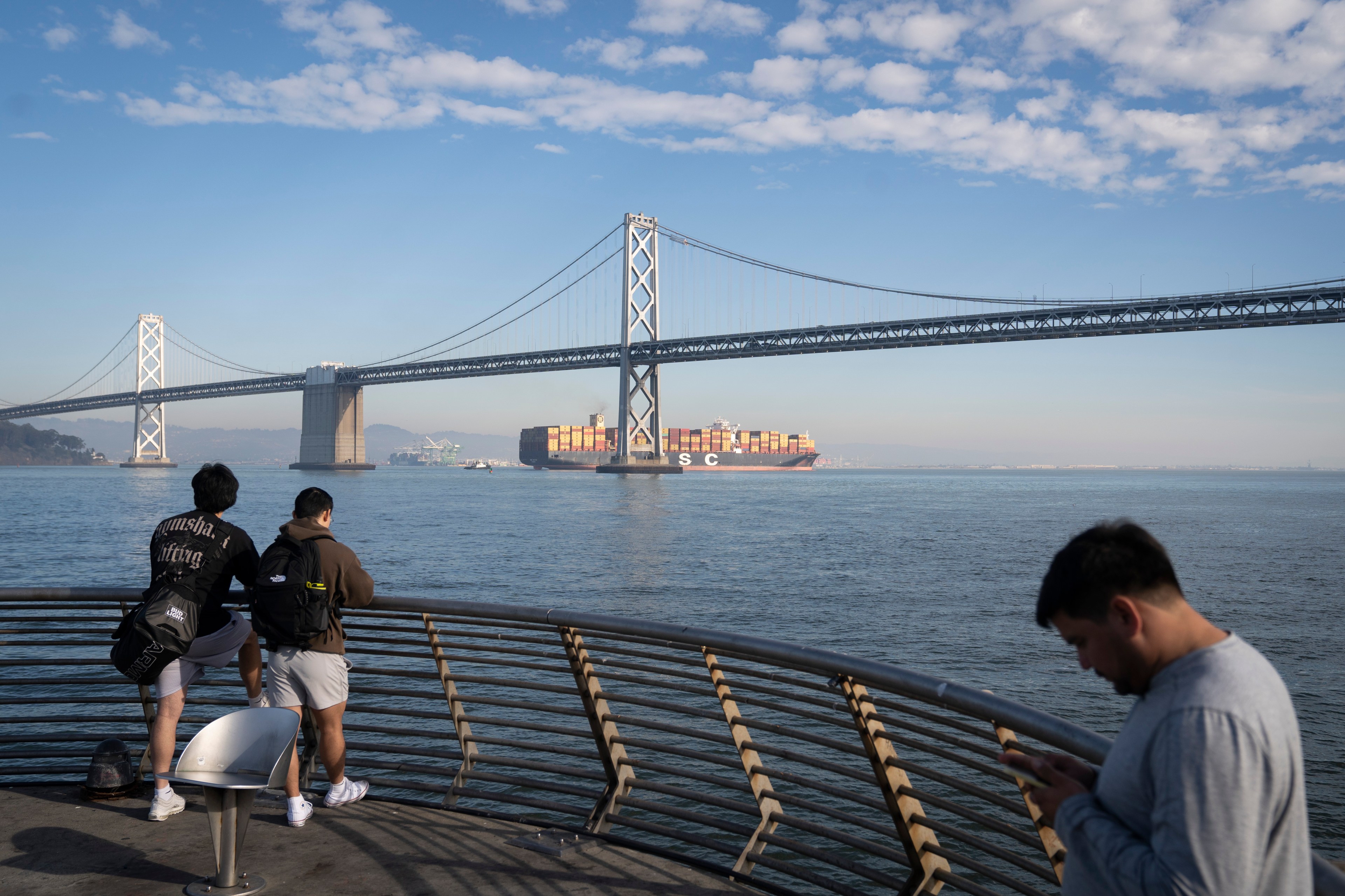 Three people stand by a waterfront, overlooking a bridge and a large container ship in the distance on a clear day.