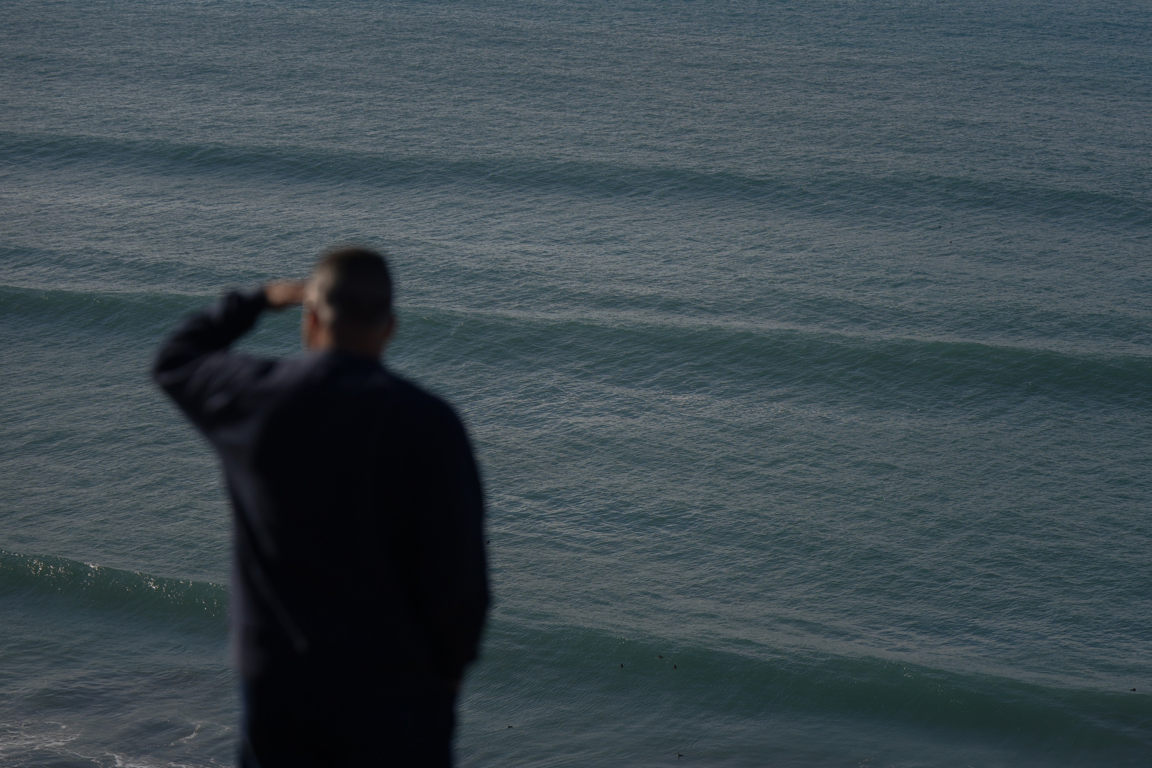 A person stands silhouetted against the ocean, with gentle waves rolling in. They gaze towards the horizon, shielding their eyes with a hand.