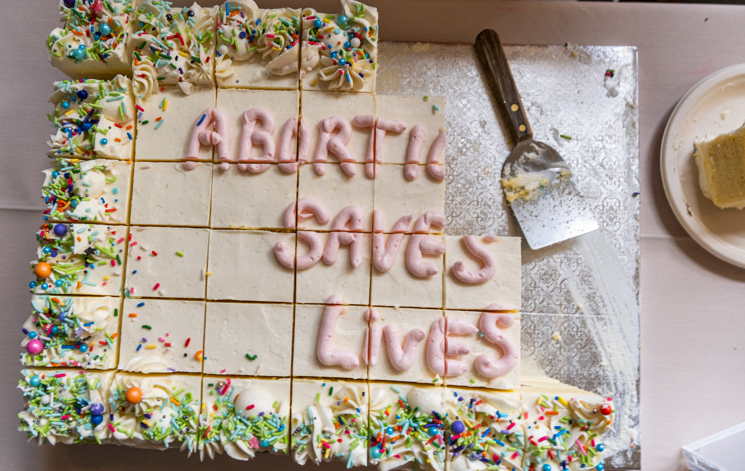 A rectangular cake with colorful sprinkles and icing letters spelling &quot;ABORTION SAVES LIVES.&quot; Some pieces are cut, with a serving spatula on the side.